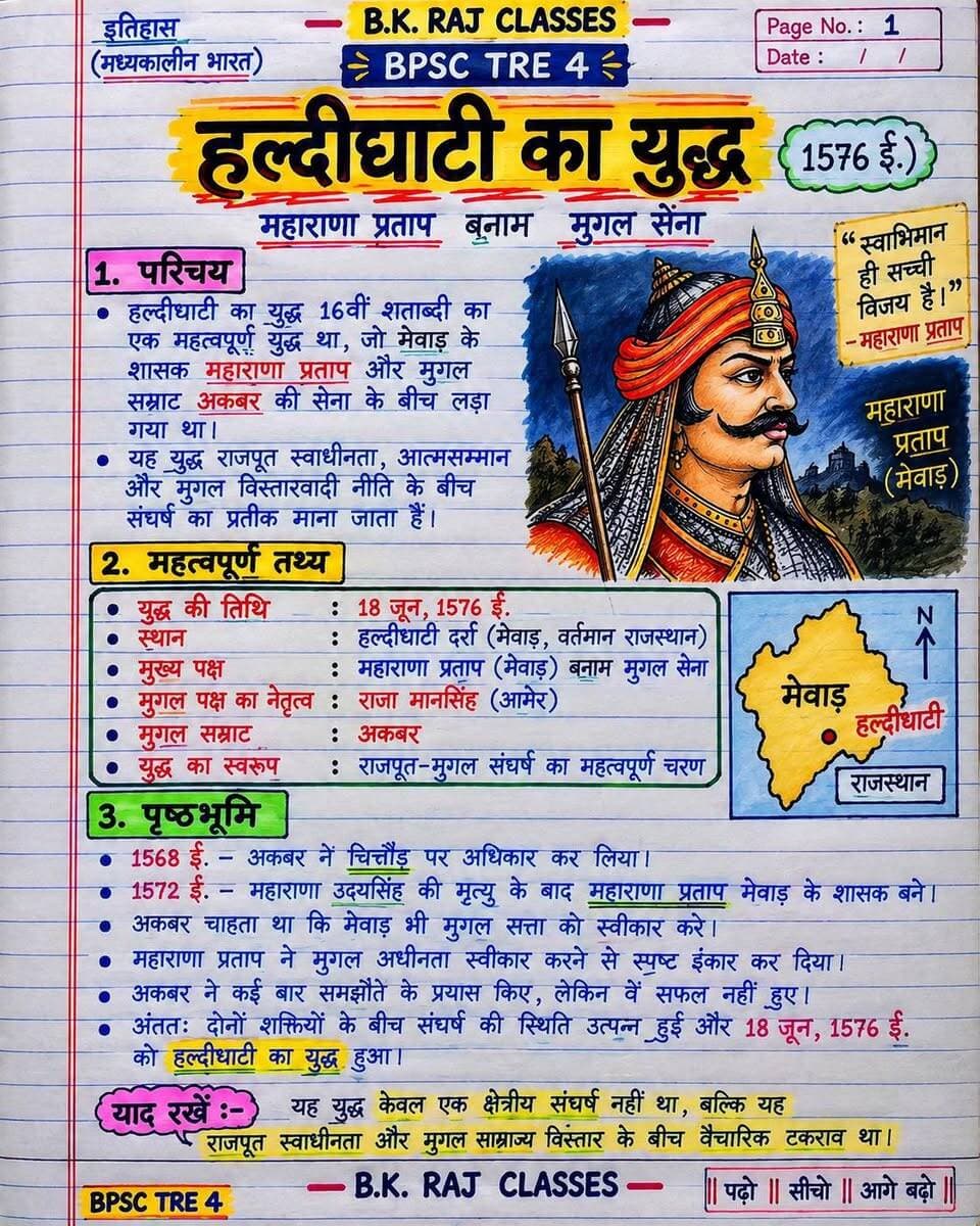 📖 इतिहास की जड़ी-बूटी सीरीज़ 🌿
⚔️ हल्दीघाटी का युद्ध (1576 ई.)
महाराणा प्रताप और मुगल सेना के बीच हुए इस महत्वपूर्ण युद्ध के शॉर्ट एवं परीक्षा-उपयोगी नोट्स ✍️
🎯 BPSC TRE 4 | इतिहास | महत्वपूर्ण तथ्य
📌 पोस्ट सेव करें और तैयारी करने वाले दोस्तों के साथ शेयर करें।
आपको हल्दीघाटी युद्ध का कौन-सा तथ्य पहले से पता था? 👇
#BPSCTRE4 #हल्दीघाटीयुद्ध #MaharanaPratap #HistoryNotes #BPSCPreparation #इतिहास #CompetitiveExams #BKRajClasses