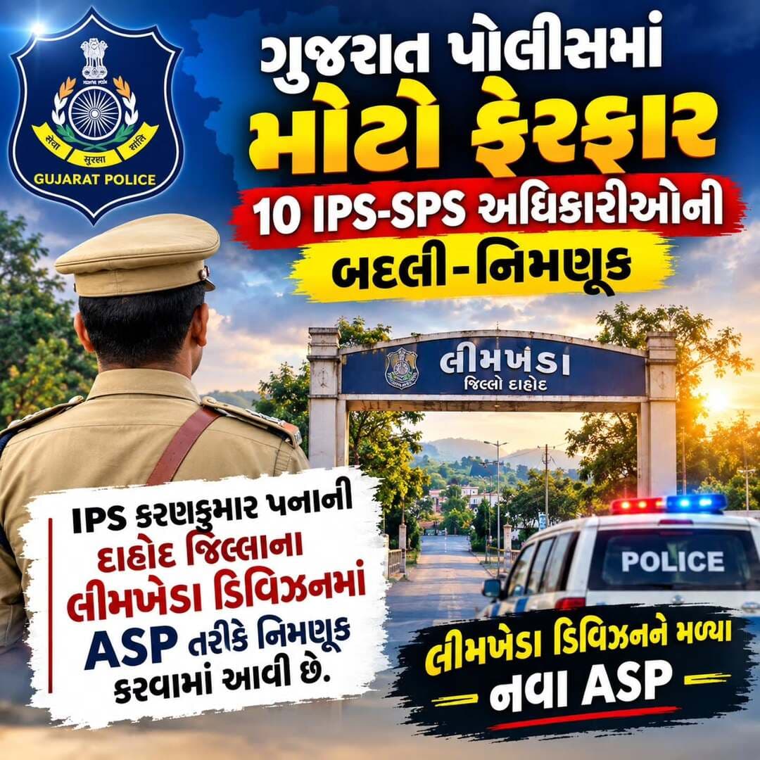 ગુજરાત પોલીસમાં મોટો ફેરફાર, 10 IPS-SPS અધિકારીઓની બદલી-નિમણૂક
IPS કરણકુમાર પન્નાની દાહોદ જિલ્લાના લીમખેડા ડિવિઝનમાં ASP તરીકે નિમણૂક કરવામાં આવી છે. લીમખેડા ડિવિઝનને મળ્યા નવા ASP ( Additional Superintendent of Police ) છેલ્લા કેટલા સમયબાદ લીમખેડાને મળ્યા નવા ASP
