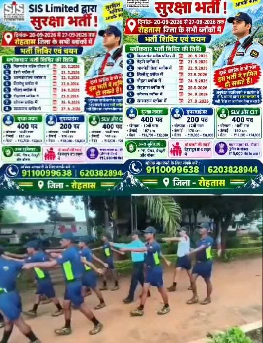 *रोहतास जिला के सभी बेरोजगार युवाओं के लिए बढ़ी खुशखबरी रोहतास जिला में लगेगा sis कंपनी का जॉब कैंप भर्ती शिविर जिसमें 1000 पदो पर होगी सीधी भर्ती *जिसमें 400 सुरक्षा जवान दसवीं पास वेतन 16000 से₹32000 तक* और *200 सुपरवाइजर इंटर पास वेतन 19000 से 32000 तक* और *400 GTO OFFISER BA पास =जिनका वेतन 33000 से 40000 तक* सुविधा PF, ESIC, बोनस ग्रेजुएट दो बच्चों की पढ़ाई देहरादून IPS स्कूल में और ट्रेनिंग के दौरान भारत सरकार ELI योजना के द्वारा ₹15000 रुपए सीधे आपके बैंक खातों में मिलेगा अधिक जानकारी के लिए संपर्क करें 9110099638,
भर्ती शिविर इस प्रकार है
👉*बिक्रमगंज ब्लॉक में 20 9.2026 को*
👉*डेहरी ब्लॉक में 21.9.2026 को*
👉*आकोडीगोला ब्लॉक में 22.9.2026*
👉*तिलौथू ब्लॉक में 23.9.2026 को*
👉*नौहटा ब्लॉक में 24.9.2026 को*
👉*रोहतास ब्लॉक में 25.9.2026 को*
👉*कोचस ब्लॉक में 26.9.2026 को*
👉*सासाराम ब्लॉक में 27.9.2026 को*
*जिसका समय सुबह 10:00 बजे से शाम 3:00 तक है भर्ती में भाग लेने की उम्र सीमा 18 साल से 45 साल तक साथ में लाना है आधार कार्ड फोटो कॉपी 10 क्लास के मार्कशीट के फोटो कॉपी और चयन हो जाने के बाद रजिस्ट्रेशन के लिए 350 रुपए अधिक जानकारी के लिए संपर्क करें* *9110099638,6206589874*