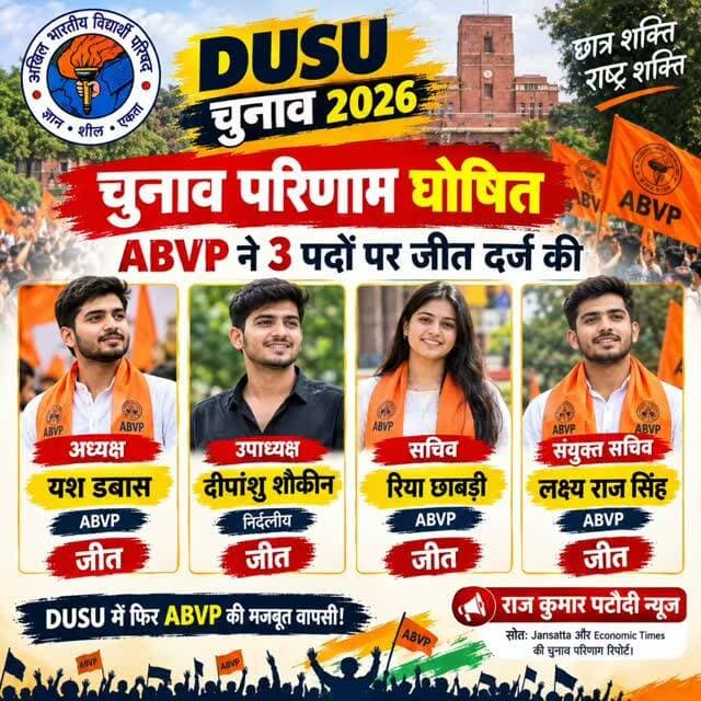 DUSU चुनाव 2026: ABVP की 3 पदों पर जीत, अध्यक्ष बने यश डबास | राज कुमार पटौदी न्यूज#rajkumarpatoudinews 🔥 Hashtags
#DUSU2026 #DUSUElection #ABVP #DelhiUniversity YashDabas RiyaChhabri LakshyaRajSingh DeepanshuShokeen ElectionResults StudentElection RajKumarPataudiNews BreakingNews DUNews राजकुमारपटौदीन्यूज