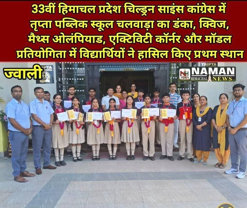 33वीं हिमाचल प्रदेश चिल्ड्रन साइंस कांग्रेस में तृप्ता पब्लिक स्कूल चलवाड़ा का डंका, क्विज, मैथ्स ओलंपियाड, एक्टिविटी कॉर्नर और मॉडल प्रतियोगिता में विद्यार्थियों ने हासिल किए प्रथम स्थान!
#तृप्ता_पब्लिक_स्कूल #चलवाड़ा #jawalikangra #ChildrenScienceCongress #HimachalPradesh #विद्यार्थी_उपलब्धि