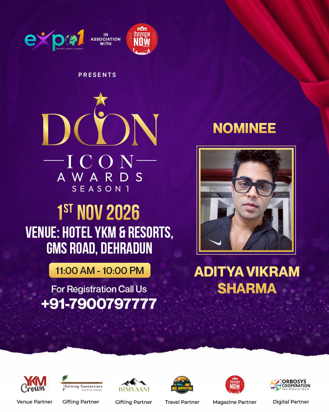 We are proud to welcome our nominee ADITYA VIKRAM SHARMA in the Real Estate category to the prestigious Doon Icon Awards – Season 1 ✨
Celebrating excellence, vision, and impactful contributions across Uttarakhand.
Nominations for DOON ICON AWARDS – Season 1 are officially OPEN!
🌟 Know someone who deserves recognition? Nominate them today!
📞 +91-7900797777
📅 1st November 2026
📍 Hotel YKM & Resorts, GMS Road, Dehradun
🕚 11:00 AM – 10:00 PM
<nis:link nis:type=tag nis:id=dooniconawards nis:value=DoonIconAwards nis:enabled=true nis:link/> <nis:link nis:type=tag nis:id=season1 nis:value=Season1 nis:enabled=true nis:link/> <nis:link nis:type=tag nis:id=dehradun nis:value=Dehradun nis:enabled=true nis:link/> <nis:link nis:type=tag nis:id=awards nis:value=Awards nis:enabled=true nis:link/> <nis:link nis:type=tag nis:id=realestate nis:value=RealEstate nis:enabled=true nis:link/> <nis:link nis:type=tag nis:id=businessexcellence nis:value=BusinessExcellence nis:enabled=true nis:link/> <nis:link nis:type=tag nis:id=entrepreneurs nis:value=Entrepreneurs nis:enabled=true nis:link/> <nis:link nis:type=tag nis:id=uttarakhand nis:value=Uttarakhand nis:enabled=true nis:link/>
