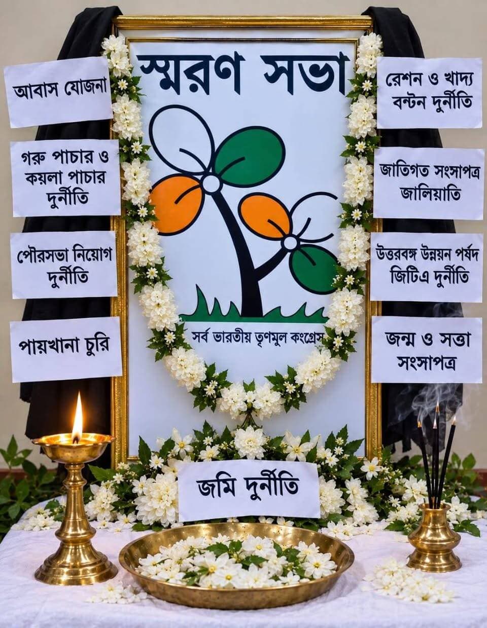 হিঙ্গলগঞ্জে তৃণমূলের 'জোড়া ফুলে'র ‘শ্রাদ্ধ’! পুরোহিত ডেকে অভিনব রাজনৈতিক কর্মসূচি
Bengal icon news,বসিরহাট : হিঙ্গলগঞ্জে তৃণমূলের প্রতীক নিয়ে রীতিমতো শ্রাদ্ধ অনুষ্ঠান! পুরোহিত ডেকে, নিয়ম মেনে পুজোর যাবতীয় আয়োজন করে তৃণমূলের প্রতীককে সামনে রেখে এই অভিনব কর্মসূচি পালন করলেন বিজেপি কর্মীরা। ঘটনাকে ঘিরে এলাকায় রাজনৈতিক চর্চার পাশাপাশি তৈরি হয়েছে বেশ রসিক পরিবেশও। বসিরহাটের হিঙ্গলগঞ্জ ব্লকের সাণ্ডেলেরবিল গ্রাম পঞ্চায়েতের আমবেড়িয়া এলাকায় শুক্রবার সন্ধ্যায় এই কর্মসূচির আয়োজন করেন স্থানীয় বিজেপি কর্মীরা। তাদের দাবি, জাতীয় নির্বাচন কমিশনের তরফে তৃণমূল কংগ্রেসের জোড়া ফুল প্রতীক ব্যবহারের উপর নিষেধাজ্ঞা জারি হওয়ার পরেই প্রতীকটির ‘শ্রাদ্ধ’ অনুষ্ঠানের আয়োজন করা হয়েছে।
অনুষ্ঠানে পুরোহিত ডেকে শ্রাদ্ধের প্রচলিত রীতিনীতি মেনে আয়োজন করা হয়। তৃণমূলের প্রতীককে সামনে রেখে বিভিন্ন আচার-অনুষ্ঠান পালন করেন বিজেপি কর্মীরা। রাজনৈতিক কর্মসূচি হলেও তার আয়োজনের ধরন ছিল অনেকটাই ব্যতিক্রমী। ফলে পথচলতি মানুষ থেকে শুরু করে এলাকার বাসিন্দাদের মধ্যেও কৌতূহল তৈরি হয়। বিজেপি কর্মীদের বক্তব্য, তৃণমূলের প্রতীকের ‘অবসান’ ঘটেছে, এই বার্তা দিতেই তাদের এই কর্মসূচি। রাজনৈতিক বিরোধিতার মঞ্চে যেখানে সাধারণত সভা, মিছিল কিংবা স্লোগানই দেখা যায়, সেখানে পুরোহিত ডেকে শ্রাদ্ধের আয়োজন কার্যত অন্যরকম নজির তৈরি করেছে। অর্থাৎ, রাজনৈতিক তরজায় এবার স্লোগানের পাশাপাশি শ্রাদ্ধের মন্ত্রও শোনা গেল হিঙ্গলগঞ্জে। তবে নির্বাচন কমিশনের প্রতীক সংক্রান্ত সিদ্ধান্ত এবং তার আইনি অবস্থান নিয়ে রাজনৈতিক মহলে পৃথক আলোচনাও চলছে। বিজেপির এই কর্মসূচি নিয়ে তৃণমূলের পক্ষ থেকে এখনও কোনও প্রতিক্রিয়া পাওয়া যায়নি।