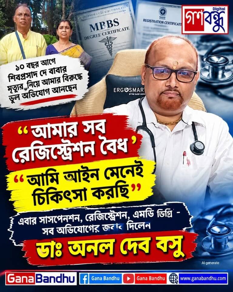📌‘আমার সব রেজিস্ট্রেশন বৈধ’
📌‘আমি আইন মেনেই চিকিৎসা করছি’
📌১০ বছর আগে শিবপ্রসাদ দে ওনার বাবার মৃত্যুর নিয়ে আমার বিরুদ্ধে ভুল অভিযোগ আনছেন
📌এবার সাসপেনশন, রেজিস্ট্রেশন, এমডি ডিগ্রি - সব অভিযোগের জবাব দিলেন ডাঃ অনল দেব বসু
#GanaBandhu
