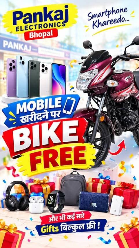 🏍️🎁 **मोबाइल खरीदने पर BIKE बिल्कुल FREE!** 🤯🔥
अब शॉपिंग होगी और किस्मत भी चमकेगी! ✨
**Pankaj Electronics, Bhopal** लेकर आया है धमाकेदार ऑफर — मोबाइल खरीदो और पाओ **TVS Sport Bike जीतने का मौका** साथ ही ढेर सारे शानदार Gifts बिल्कुल FREE! 🎉🎁
🎁 Free Gifts Available:
🎧 Headphones | 🎧 Earbuds | ⌚ Smart Watch | 🔊 Bluetooth Speaker | 🎒 Bag | 🎁 और भी कई सारे Gifts!
📍 **Pankaj Electronics**
Shop No. 36, Sarafa Chowk, Agrawal Jewellers Row,
Beside Shobhit Restaurant, Bhopal (M.P.)
📞 **9302204320 | 9303056582**
⏳ ऑफर लिमिटेड समय के लिए है। आज ही विजिट करें और बनें अगले Lucky Draw Winner! ❤️