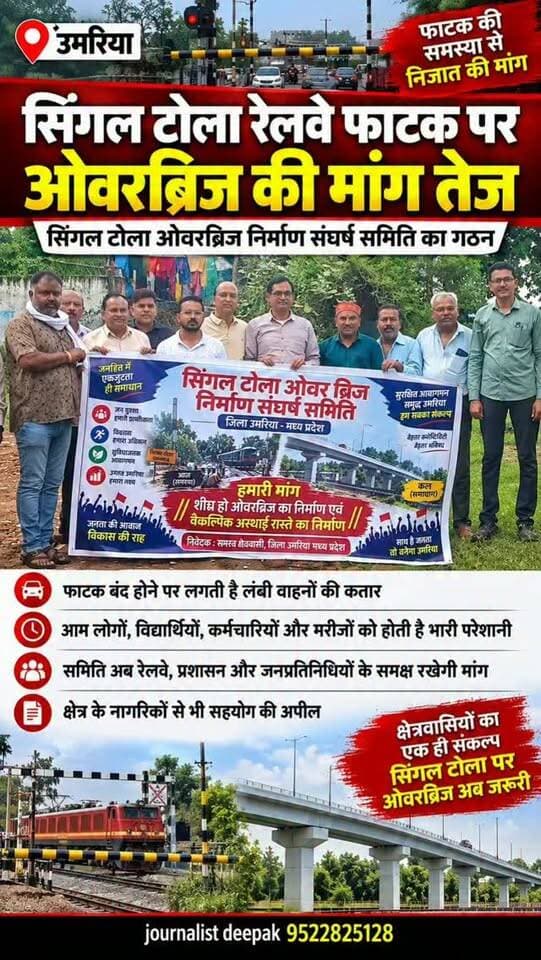 💥 सिंगल टोला रेलवे फाटक पर ओवरब्रिज की मांग तेज
उमरिया के सिंगल टोला रेलवे फाटक पर ओवरब्रिज निर्माण की मांग को लेकर क्षेत्रवासियों ने सिंगल टोला ओवरब्रिज निर्माण संघर्ष समिति का गठन किया है।
फाटक बंद होने के दौरान लगने वाली लंबी वाहनों की कतार और आम लोगों को होने वाली परेशानी को देखते हुए समिति ने ओवरब्रिज एवं वैकल्पिक अस्थायी मार्ग की मांग उठाई है। समिति अब रेलवे, प्रशासन और जनप्रतिनिधियों के समक्ष अपनी मांग रखेगी।
उमरिया | सिंगल टोला
#Umaria #MadhyaPradesh #RailwayCrossing #mpnews #JournalistDeepak LocalNews
