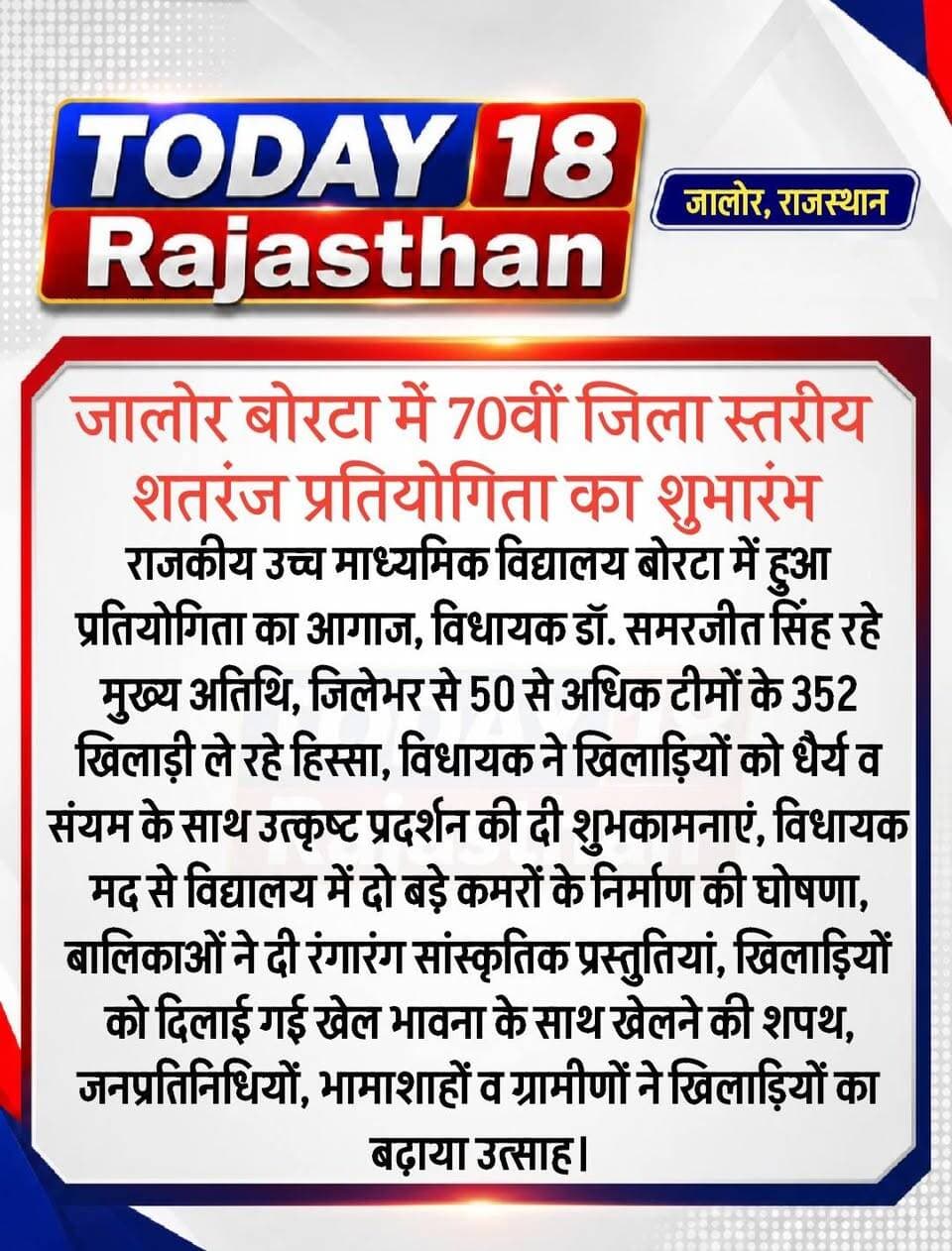 #Jalore: बोरटा में 70वीं जिला स्तरीय शतरंज प्रतियोगिता का शुभारंभ, राजकीय उच्च माध्यमिक विद्यालय बोरटा में हुआ प्रतियोगिता का आगाज, विधायक डॉ. समरजीत सिंह रहे मुख्य अतिथि, जिलेभर से 50 से अधिक टीमों के 352 खिलाड़ी ले रहे हिस्सा Dr. Samarjit Singh