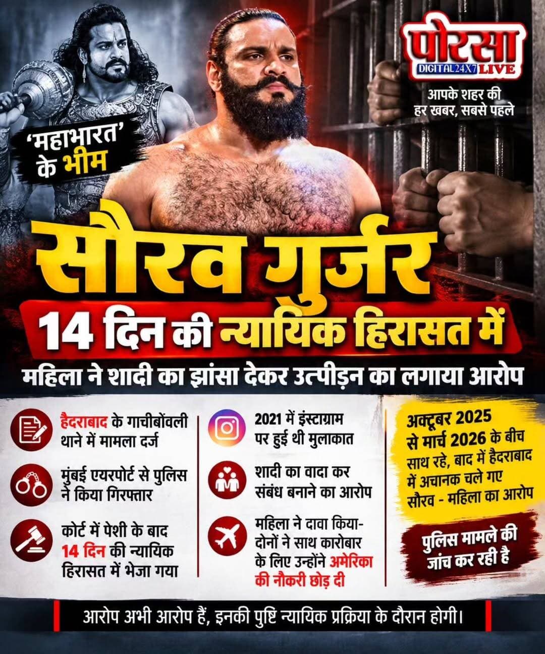 ‘महाभारत’ के भीम सौरव गुर्जर 14 दिन की न्यायिक हिरासत में, महिला ने शादी का झांसा देकर उत्पीड़न का लगाया आरोप,
हैदराबाद। टीवी सीरियल महाभारत में भीम का किरदार निभाने वाले अभिनेता एवं पूर्व WWE रेसलर सौरव गुर्जर के खिलाफ एक महिला की शिकायत पर गाचीबोवली पुलिस ने मामला दर्ज किया है। महिला ने आरोप लगाया है कि सौरव ने शादी का वादा कर उनके साथ संबंध बनाए और बाद में उन्हें मानसिक एवं शारीरिक रूप से परेशान किया।
रिपोर्टों के मुताबिक, पुलिस ने सौरव गुर्जर को मुंबई एयरपोर्ट से हिरासत में लिया और आगे की कानूनी कार्रवाई के लिए हैदराबाद ले गई। मजिस्ट्रेट के समक्ष पेश किए जाने के बाद उन्हें 14 दिन की न्यायिक हिरासत में भेज दिया गया, महिला की शिकायत के अनुसार, दोनों की मुलाकात 2021 में इंस्टाग्राम के जरिए हुई थी। महिला ने दावा किया कि सौरव ने उनसे शादी करने और पत्नी के समान अधिकार देने का भरोसा दिलाया। शिकायत में यह भी आरोप है कि सौरव के कहने पर उन्होंने अमेरिका की नौकरी छोड़ दी, क्योंकि दोनों ने साथ मिलकर कारोबार शुरू करने की योजना बनाई थी।
महिला ने यह भी दावा किया कि दोनों अक्टूबर 2025 से मार्च 2026 के बीच साथ रहे और बाद में हैदराबाद में भी साथ रहने के दौरान सौरव अचानक वहां से चले गए। पुलिस मामले की जांच कर रही है। महिला द्वारा लगाए गए आरोप अभी आरोप हैं और इनकी पुष्टि न्यायिक प्रक्रिया के दौरान होनी बाकी है।