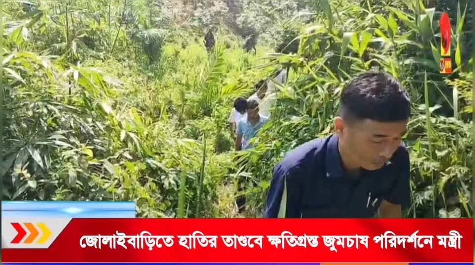 জোলাইবাড়িতে বন্যহাতির তাণ্ডবে ক্ষয়ক্ষতি, জুমচাষ ও কৃষিজমি পরিদর্শনে মন্ত্রী শুক্লাচরণ নোয়াতিয়া।