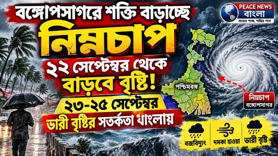 “বঙ্গোপসাগরে শক্তি বাড়াচ্ছে নিম্নচাপ, ২২ সেপ্টেম্বর থেকে বাড়বে বৃষ্টি! ২৩–২৫ সেপ্টেম্বর ভারী বৃষ্টির সতর্কতা বাংলায়”
