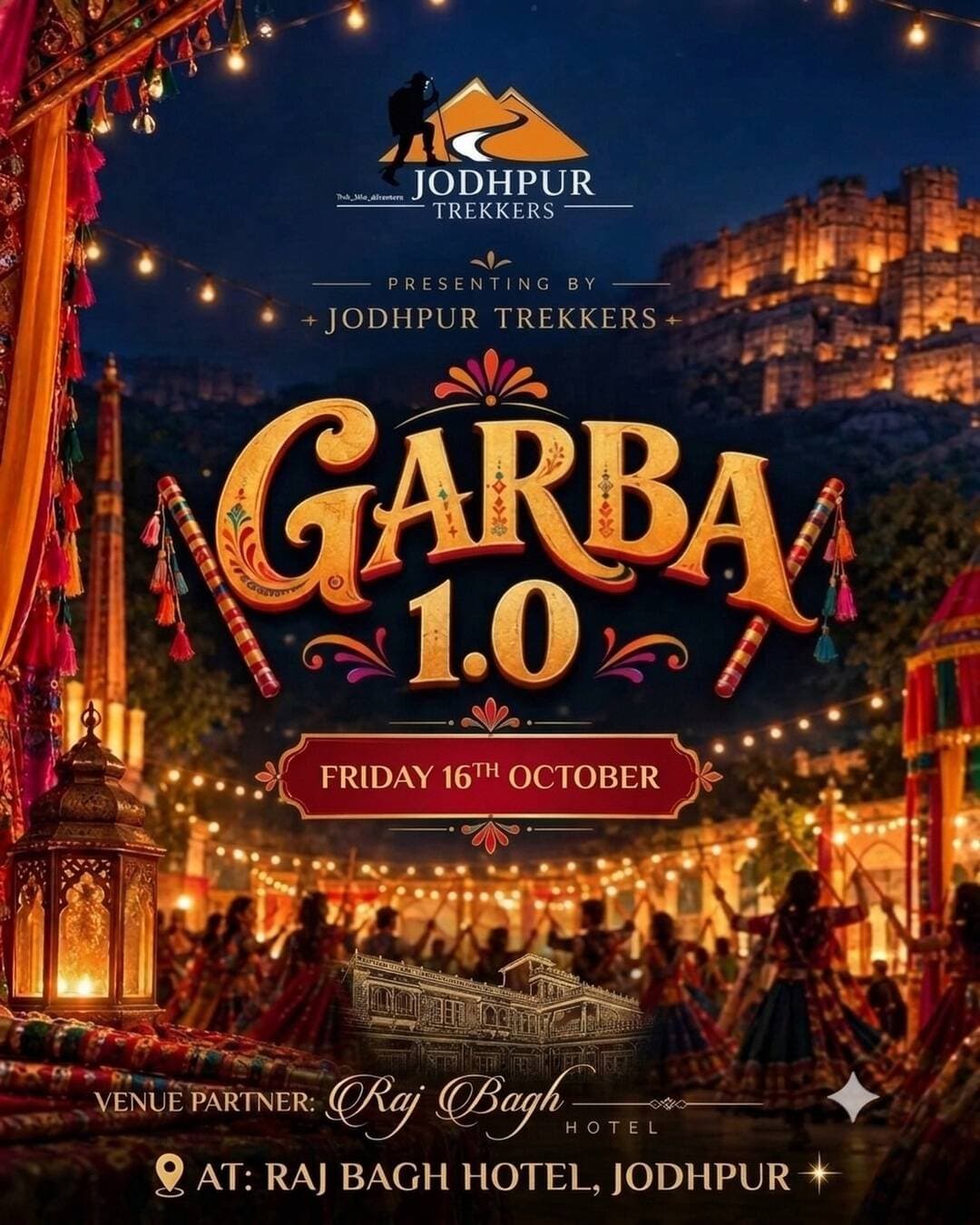 Are you ready for the Garba Night, Jodhpur? ЁЯТГЁЯев
JODHPUR TREKKERS Presents
GARBA 1.0
Jodhpur jhoomega, dandiya ghoomega!
ЁЯУЕ 16th Oct, Friday | ЁЯУН Raj Bagh Hotel
.
.
<nis:link nis:type=tag nis:id=jodhpurtrekkers nis:value=JodhpurTrekkers nis:enabled=true nis:link/> <nis:link nis:type=tag nis:id=garba1point0 nis:value=Garba1Point0 nis:enabled=true nis:link/> <nis:link nis:type=tag nis:id=jodhpurgarba nis:value=JodhpurGarba nis:enabled=true nis:link/> <nis:link nis:type=tag nis:id=garbanightjodhpur nis:value=GarbaNightJodhpur nis:enabled=true nis:link/> <nis:link nis:type=tag nis:id=rajbaghhotel nis:value=RajBaghHotel nis:enabled=true nis:link/> JodhpurEvents NavratriInJodhpur DandiyaNight GarbaNight MeBhiJodhpuri JodhpurDiaries Jodhpuri BeautifulJodhpur JodhpurCity BlueCity Navratri2026 Garba2026 Dandiya2026 GarbaLovers NavratriVibes JodhpurNightlife Jodhpurgram RajasthanGarba JodhpurFestivals GarbaReady DandiyaReady JodhpurBlogger JodhpurInfluencer ApnoJodhpur JodhpurUpdates