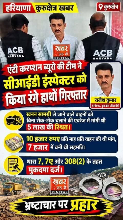 हरियाणा कुरूक्षेत्र खबर:- एंटी करप्शन ब्यूरो की टीम ने सीआईडी इंस्पेक्टर को किया रंगे हाथों गिरफ्तार।
खनन सामग्री ले जाने वाले वाहनों को बिना रोक-टोक चलाने की एवरेज में मांगी थी 5 लाख की रिश्वत।
10 हजार रुपए प्रति माह प्रति वाहन की थी मांग, 7 हजार में बनी थी सहमति।
धारा 7, 7ए और 308(2) के तहत मुकदमा दर्ज।
#हरियाणा #कुरूक्षेत्रखबर #एंटीकरप्शनब्यूरो #सीआईडीइंस्पेक्टर #रिश्वत
Haryana KurukshetraNews AntiCorruptionBureau CIDInspector Bribe
खबर जड़ से KHABAR JAD SE