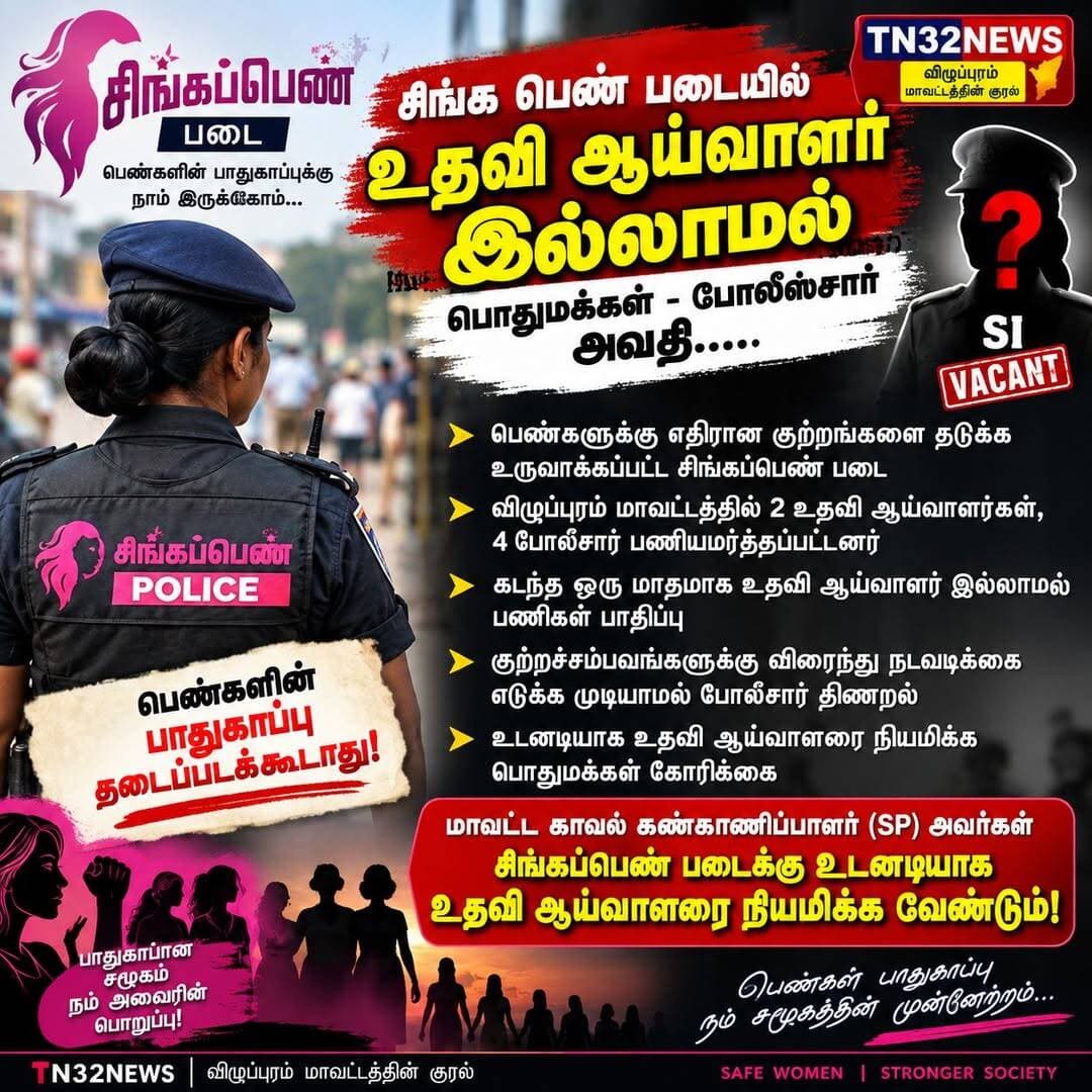 சிங்கப்பெண் படையில் உதவி ஆய்வாளர் இல்லாததால் போலீசார் அவதி
உடனடியாக எஸ்.ஐ. நியமிக்க கோரிக்கை
விழுப்புரம்:
தமிழகத்தில் பெண்களுக்கு எதிரான குற்றங்களை தடுக்கும் வகையில் காவல்துறை சார்பில் செயல்படுத்தப்பட்டு வரும் ‘சிங்கப்பெண்’ சிறப்பு காவல் படை, பெண்களுக்கு பாதுகாப்பு அளிப்பதிலும், குற்றச்சம்பவங்களை தடுப்பதிலும் முக்கிய பங்காற்றி வருகிறது.
விழுப்புரம் மாவட்டத்தில் சிங்கப்பெண் படையில் 2 உதவி ஆய்வாளர்கள் மற்றும் 4 போலீசார் பணியமர்த்தப்பட்டு, ஒரு உதவி ஆய்வாளர் தலைமையில் 2 போலீசார் என குழுக்களாக பிரிந்து பணியாற்றி வந்ததாக கூறப்படுகிறது.
இந்நிலையில், கடந்த ஒரு மாதமாக சிங்கப்பெண் படையில் உதவி ஆய்வாளர் பணியில் இல்லாததால், பெண்கள் தொடர்பான புகார்கள் மற்றும் குற்றச்சம்பவங்களில் உடனடி நடவடிக்கை எடுப்பதில் போலீசாருக்கு சிரமம் ஏற்பட்டுள்ளதாக கூறப்படுகிறது.
குறிப்பாக பெண்களுக்கு எதிரான குற்றங்கள் தொடர்பான புகார்களில் சம்பவ இடத்திற்கு விரைந்து சென்று விசாரணை நடத்துதல், பாதிக்கப்பட்டவர்களுக்கு தேவையான பாதுகாப்பு வழங்குதல் உள்ளிட்ட பணிகளில் அதிகாரி தலைமையிலான குழு செயல்பட வேண்டிய நிலை உள்ளது.
உதவி ஆய்வாளர் இல்லாததால், சில நேரங்களில் குற்றச்சம்பவங்களுக்கு விரைந்து நடவடிக்கை எடுப்பதில் தாமதம் ஏற்படுவதாகவும், இதனால் போலீசாரும் பொதுமக்களும் அவதிக்குள்ளாகி வருவதாகவும் கூறப்படுகிறது.
எனவே, பெண்களுக்கு எதிரான குற்றங்களை தடுக்கும் பணியில் முக்கியத்துவம் வாய்ந்த சிங்கப்பெண் படைக்கு உடனடியாக உதவி ஆய்வாளரை நியமித்து, முழுமையான காவல் பணியை உறுதி செய்ய வேண்டும் என பொதுமக்கள் தரப்பில் கோரிக்கை விடுக்கப்பட்டுள்ளது.
மாவட்ட காவல் கண்காணிப்பாளர் இதுகுறித்து உரிய நடவடிக்கை எடுத்து, சிங்கப்பெண் படையின் செயல்பாடுகள் தடையின்றி தொடர நடவடிக்கை எடுக்க வேண்டும் என்பதே பொதுமக்களின் எதிர்பார்ப்பாக உள்ளது.