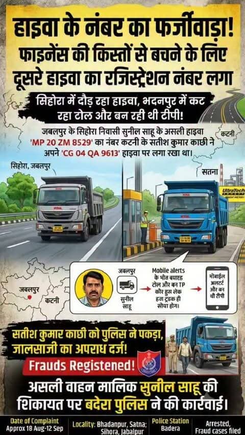 सिहोरा में दौड़ रहा हाइवा, भदनपुर में कट रहा टोल और बन रही थी टीपी
फाइनेंस कंपनी से बचने कटनी के वाहन मालिक ने दूसरे हाइवा का नंबर लगाया, बदेरा पुलिस ने पकड़ा
मैहर।फाइनेंस की किस्तों से बचने के लिए कटनी के वाहन मालिक ने दूसरे हाइवा का रजिस्ट्रेशन नंबर लगाकर ऐसा जालसाजी का खेल रचा कि असली वाहन मालिक कल्पना साहू और उनके ट्रांसपोर्टर पति सुनील कुमार साहू के होश उड़ गए। जानकारी के मुताबिक सिहोरा में चल रहे हाइवा एमपी 20 जेडएम 8529 का 18 अगस्त को भदनपुर में टोल कटने का संदेश मोबाइल पर आया तो 12 सितंबर से इसी नंबर पर अल्ट्राटेक सीमेंट फैक्ट्री के नाम से लगातार टीपी जनरेट होने लगी। तब हैरत में पड़े सुनील ने अपने स्तर पर पड़ताल कराई जिसमें सामने आया कि कटनी के अमोझ निवासी सतीश कुमार काछी अपने हाइवा सीजी 04 क्यूए 9613 पर फर्जी तरीके से एमपी 20 जेडएम 8529 नंबर इस्तेमाल कर मैहर जिले में भदनपुर खदान से पत्थर ढुलाई कर रहा है। उसकी गाड़ी की कई किस्तें बकाया होने के क