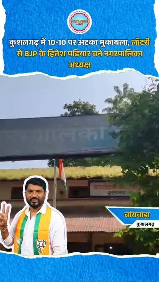 कुशलगढ़ में 10-10 पर अटका मुकाबला, लॉटरी से BJP के हितेश पडियार बने नगरपालिका अध्यक्ष
कुशलगढ़। नगरपालिका अध्यक्ष पद के चुनाव में भाजपा और कांग्रेस के बीच मुकाबला बराबरी पर रहा। दोनों दलों के प्रत्याशियों को 10-10 वोट मिले, जिससे चुनाव का परिणाम टाई हो गया। इसके बाद नियमों के तहत लॉटरी के माध्यम से अध्यक्ष पद का फैसला किया गया। लॉटरी में भाजपा के हितेश पडियार के नाम की पर्ची निकली। इसके साथ ही हितेश पडियार को कुशलगढ़ नगरपालिका का अध्यक्ष निर्वाचित घोषित किया गया। SDM नरेश कुमार मीणा ने इसकी पुष्टि करते हुए बताया कि मतदान में दोनों पक्षों को समान 10-10 मत मिले थे। लॉटरी प्रक्रिया के बाद भाजपा प्रत्याशी हितेश पडियार अध्यक्ष बने।
#Kushalgarh #HiteshPadiyar #BJP #Congress #MunicipalElection RajasthanPolitics