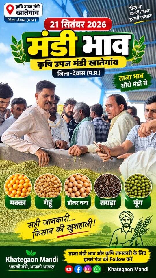 21 सितंबर 2026 | मंडी भाव | कृषि उपज मंडी खातेगांव, जिला-देवास (म.प्र.) Khategaon Mandi • मंडी भाव khategaonwaale.com