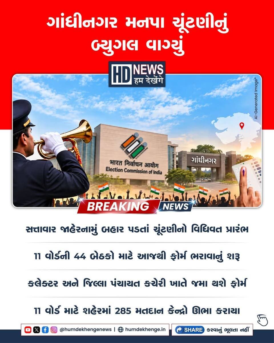 ગાંધીનગર મહાનગરપાલિકાની ચૂંટણીનું સત્તાવાર જાહેરનામું બહાર પડતાં જ રાજકીય માહોલ ગરમાયો છે. મનપાના 11 વોર્ડની 44 બેઠકો માટે આજથી ફોર્મ ભરવાની શરૂઆત થઈ ગઈ છે, જેમાં ઉમેદવારો 26 સપ્ટેમ્બર સુધી કલેક્ટર અને જિલ્લા પંચાયત કચેરી ખાતે ફોર્મ જમા કરાવી શકશે. તંત્ર દ્વારા તમામ વોર્ડમાં શાંતિપૂર્ણ માહોલમાં પ્રક્રિયા પૂર્ણ થાય તે માટે 285 મતદાન કેન્દ્રો ઊભા કરવામાં આવ્યા છે. આ વખતે નવરાત્રીના પાવન પર્વ વચ્ચે પ્રથમ નોરતે મતદાન યોજાશે અને ત્રીજા નોરતે મતગણતરી હાથ ધરી પરિણામો જાહેર કરવામાં આવશે.
#HumDekhengeNews #GandhinagarElection #GandhinagarMunicipalCorporation #GujaratPolitics #LocalBodyElection #GujaratNews