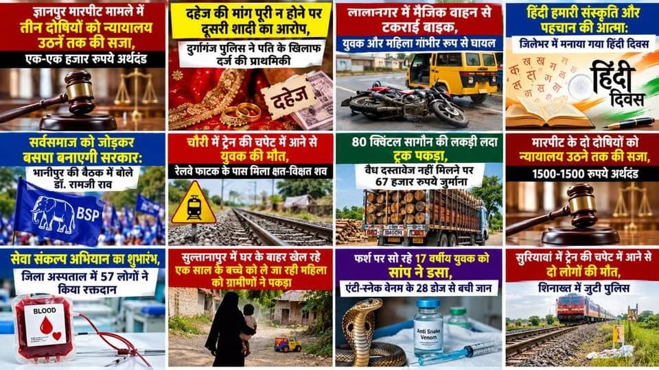 1️⃣ कोर्ट का फैसला: ज्ञानपुर में पुरानी रंजिश के मामले में 3 दोषियों को कोर्ट उठने तक की सजा और जुर्माना।
2️⃣ दहेज उत्पीड़न: दुर्गागंज में मांग पूरी न होने पर पति ने मुंबई में की दूसरी शादी, प्राथमिकी दर्ज।
3️⃣ सड़क हादसा: लालानगर टोल प्लाजा के पास मैजिक से टकराई बाइक, चाची-भतीजा गंभीर रूप से घायल।
4️⃣ हिंदी दिवस: ज्ञानपुर समेत जिले के शिक्षण संस्थानों में धूमधाम से मनाया गया हिंदी दिवस।
5️⃣ राजनीतिक हलचल: दुर्गागंज के भानीपुर में बसपा की बैठक, आगामी चुनाव की तैयारियों पर चर्चा।
6️⃣ ट्रेन हादसा: चौरी में ट्रेन से कटकर युवक की मौत; सुरियावां में दो अज्ञात लोगों की जान गई।
7️⃣ कार्रवाई: औराई में 80 क्विंटल अवैध सागौन लकड़ी से लदा ट्रक जब्त, 67 हजार जुर्माना।
8️⃣ स्वास्थ्य व सेवा: ज्ञानपुर में 57 लोगों ने किया रक्तदान; भदोही में सर्पदंश से पीड़ित युवक को 28 एंटी-वेनम डोज देकर बचाया गया।
9️⃣ मासूम का अपहरण प्रयास: सुल्तानापुर में 1 साल के बच्चे को ले जा रही महिला को ग्रामीणों ने पकड़ा।
#Bhadohi #BhadohiNews #Gyanpur #UPNews #NewsUpdates
