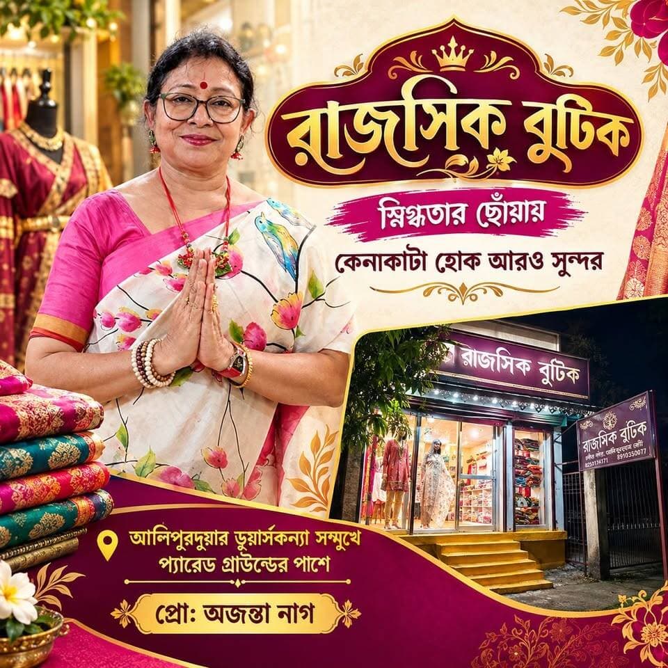 রাজসিক বুটিক, স্নিগ্ধতার ছোঁয়ায়
কেনাকাটা হোক আরও সুন্দর। আলিপুরদুয়ার ডুয়ার্সকন্যা সম্মুখে প্যারেড গ্রাউন্ডের উত্তর পাশে। চলে আসুন সপরিবারে।
#boutique #specialedition #alipurduardistrict #highlightseveryone #womensfashion #mensfashion #RajosikBotique