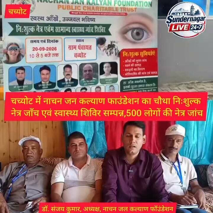 चच्योट में नाचन जन कल्याण फाउंडेशन का चौथा निःशुल्क नेत्र जाँच एवं स्वास्थ्य शिविर सम्पन्न,500 लोगों की नेत्र जांच।