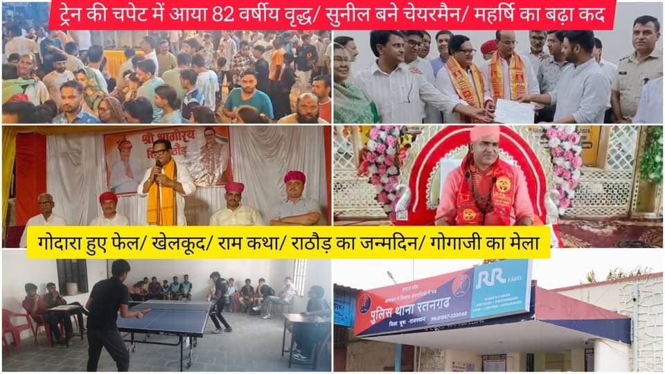 ट्रेन की चपेट में आया 82 वर्षीय वृद्ध/ सुनील बने चेयरमैन/ महर्षि का बढ़ा कद/ गोदारा हुए फेल/ खेलकूद/ राम कथा/ राठौड़ का जन्मदिन/ गोगाजी का मेला