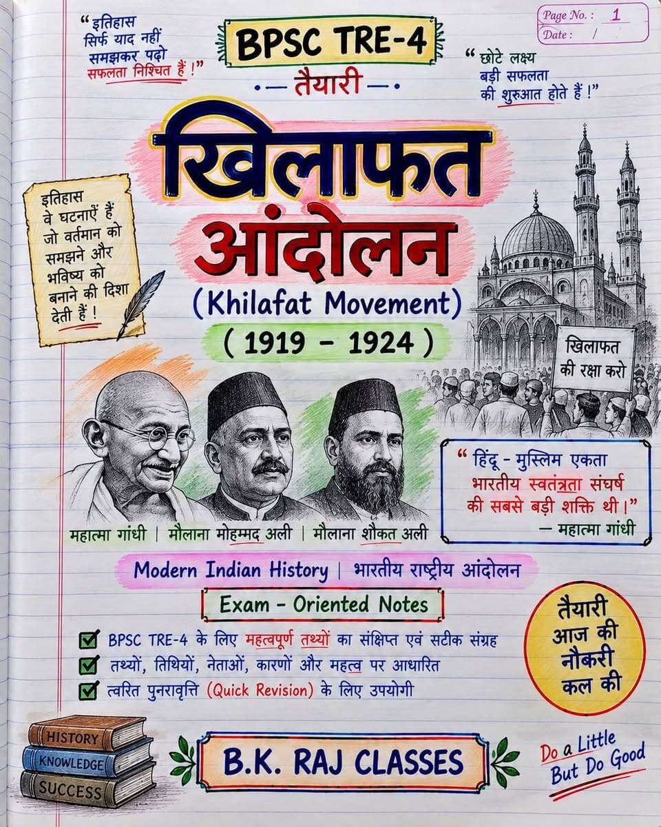 📚 BPSC TRE-4 की तैयारी कर रहे हैं?
तो खिलाफत आंदोलन (1919–1924) के ये Exam-Oriented Notes जरूर पढ़ें। 🇮🇳
✅ महत्वपूर्ण तिथियाँ
✅ प्रमुख नेता व कारण
✅ गांधीजी की भूमिका
✅ हिंदू-मुस्लिम एकता
✅ BPSC में पूछे जाने योग्य तथ्य
🎯 इतिहास सिर्फ याद नहीं, समझकर पढ़िए—तैयारी को मजबूत बनाइए!
📌 ऐसे ही BPSC TRE-4 के महत्वपूर्ण Notes के लिए Follow करें — BPSC तैयारी FOR TARGET
#BPSC #BPSCTRE4 #BPSCPreparation #BPSC2026 #खिलाफतआंदोलन #ModernHistory #IndianHistory #BiharTeacher #BPSCNotes #ExamPreparation #BPSCStudy #BPSCपरिक्षा
