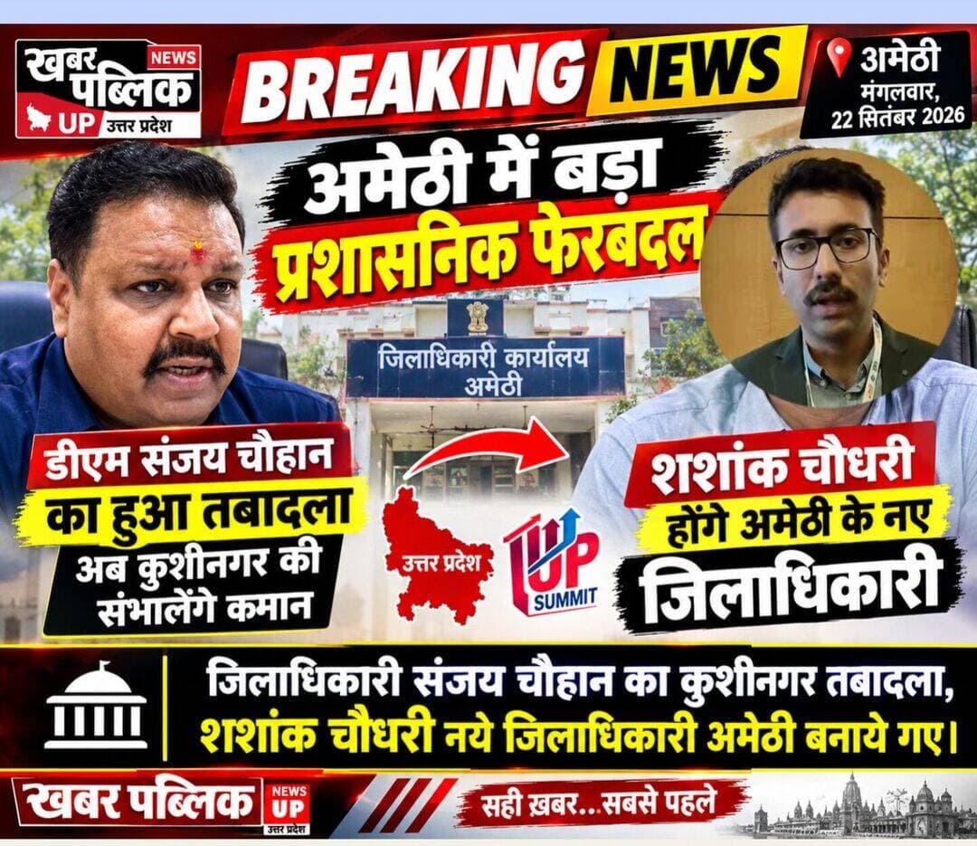 अमेठी में बड़ा प्रशासनिक फेरबदल!
डीएम संजय चौहान का तबादला, अब कुशीनगर की संभालेंगे कमान।
वहीं शशांक चौधरी को अमेठी का नया जिलाधिकारी बनाया गया है।
➡️ अमेठी में बदला प्रशासनिक नेतृत्व, नए डीएम की तैनाती से प्रशासनिक स्तर पर बदलाव की शुरुआत।
DM Amethi शरद द्विवेदी Kishori Lal Sharma Suresh Pasi