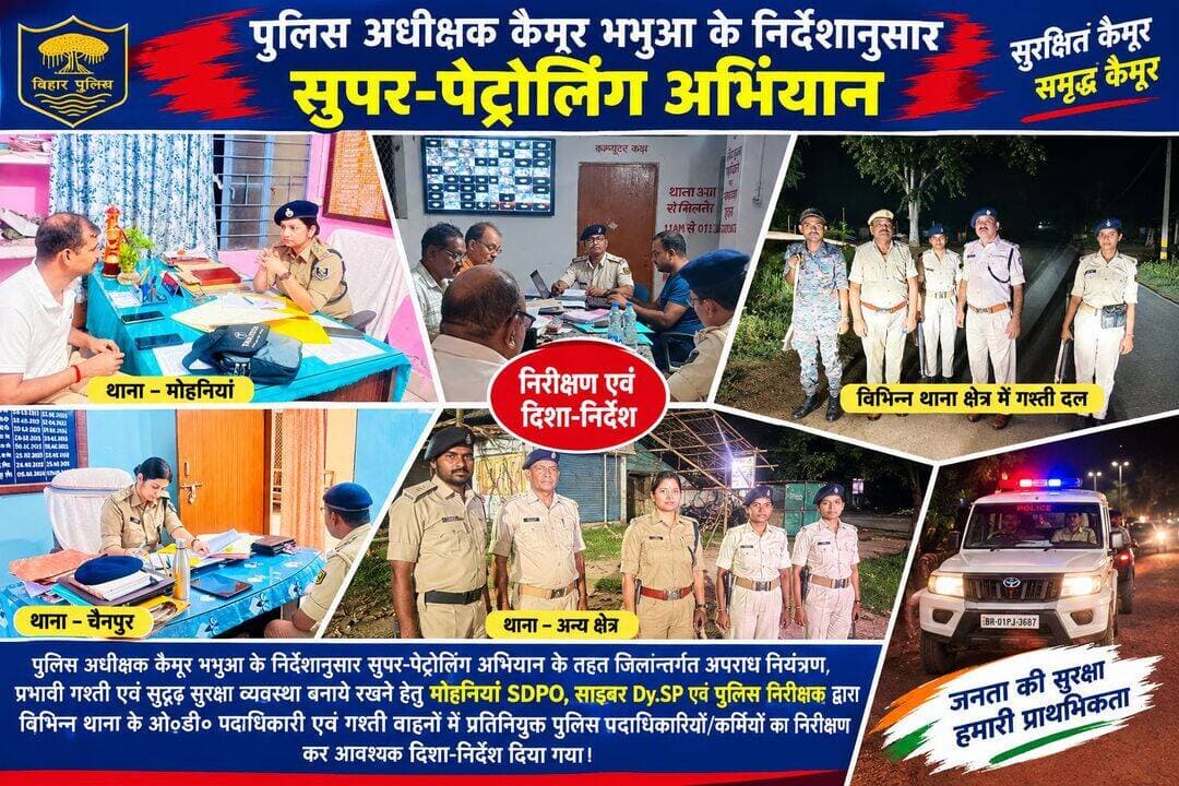 पुलिस अधीक्षक कैमूर भभुआ के निर्देशानुसार सुपर-पेट्रोलिंग अभियान के तहत जिलान्तर्गत अपराध नियंत्रण, प्रभावी गश्ती एवं सुदृढ़ सुरक्षा व्यवस्था बनाये रखने हेतु मोहनियां SDPO, साइबर Dy.SP एवं पुलिस निरीक्षक द्वारा विभिन्न थाना के ओ०डी० पदाधिकारी एवं गश्ती वाहनों में प्रतिनियुक्त पुलिस पदाधिकारियों/कर्मियों का निरीक्षण कर आवश्यक दिशा-निर्देश दिया गया।