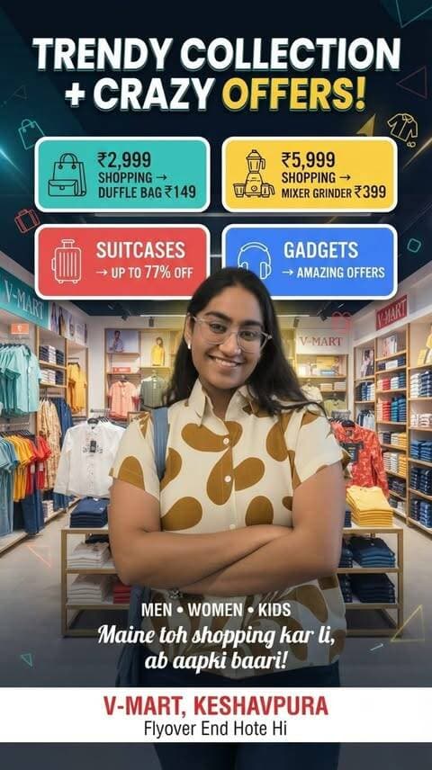 Trend, deals & shopping — sab ek jagah! 🛍️🔥
₹149 Duffle Bag, ₹399 Mixer Grinder & up to 77% OFF on Suitcases!
📍 V-Mart Keshavpura — flyover end hote hi!
#VMart #Kota #KotaShopping #ShoppingOffers #BestDeals TrendyCollection