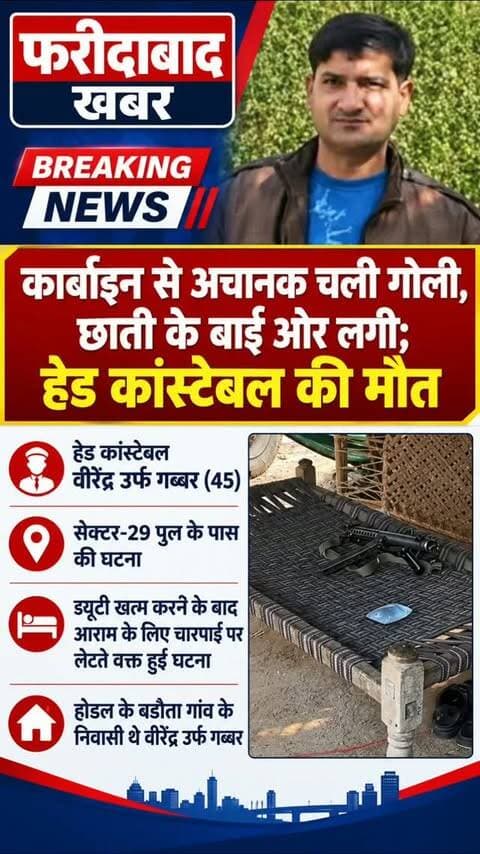फरीदाबाद (खबर) कार्बाइन से अचानक चली गो*ली लगी छाती के बाईं ओर, हेड कांस्टेबल की मौ*त।
फरीदाबाद सेक्टर 29 पुल के पास की घटना।
ड्यूटी खत्म करने के बाद आराम के लिए चारपाई पर लेटते वक्त हुई घटना।
होडल के बडौता गांव के निवासी थे वीरेंद्र उर्फ गब्बर।
#हरियाणा #फरीदाबाद #फरीदाबादपुलिस #हेडकांस्टेबल #कार्बाइन होडल बडौता
Haryana Faridabad FaridabadPolice HeadConstable Carbine Hodal Badota
खबर जड़ से KHABAR JAD SE
Faridabad Police Department