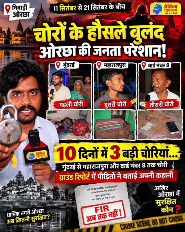 #ओरछा में चोरों ने कर दी ताबड़तोड़ ‘नाइट ड्यूटी’!
11 से 21 सितंबर में तीन बड़ी चोरियां, लाखों का माल गायब…गुंदरई से महाराजपुरा और ओरछा के वार्ड नंबर 8 तक चोरी, ग्राउंड रिपोर्ट में पीड़ितों ने बताई अपनी कहानी, पुलिस की गश्त पर सवाल... देखें! खबर
CM Madhya Pradesh Jansampark Madhya Pradesh Dr Mohan Yadav Narayan Singh Kushwah PRO Jansampark Niwari Collector Office Niwari
#breakingnewswala #MPNews #Orchha