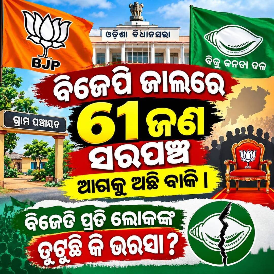 ବିଜେପି ଜାଲରେ 61ଜଣ ସରପଞ୍ଚ , ଆଗକୁ ଅଛି ବାକି|
ବିଜେଡି ପ୍ରତି ଲୋକଙ୍କ ତୁଟୁଛି କି ଭରସା ? ଉପରସ୍ତର ନୁହେଁ ତଳସ୍ତରରେ ଭୁଶୁଡୁଛି କି ଦଳ?ବିଜେପି ମୁହାଁ ହେଉଛନ୍ତି କି ବିଜେଡି କର୍ମୀ ? ୨ ବର୍ଷ ଭିତରେ ୬୧ ସରପଞ୍ଚ ଓ ୯ ପଞ୍ଚାୟତ ସମିତି ଅଧ୍ୟକ୍ଷଙ୍କ ଅନାସ୍ଥା ଯୋଗୁଁ ପଦ ଗଲାଣି । ଏଭଳିସାଂଘାତିକତଥ୍ୟଆସିଛିବିଧାନସଭାଲିଖିତ ପ୍ରଶ୍ବରଉତ୍ତରର
