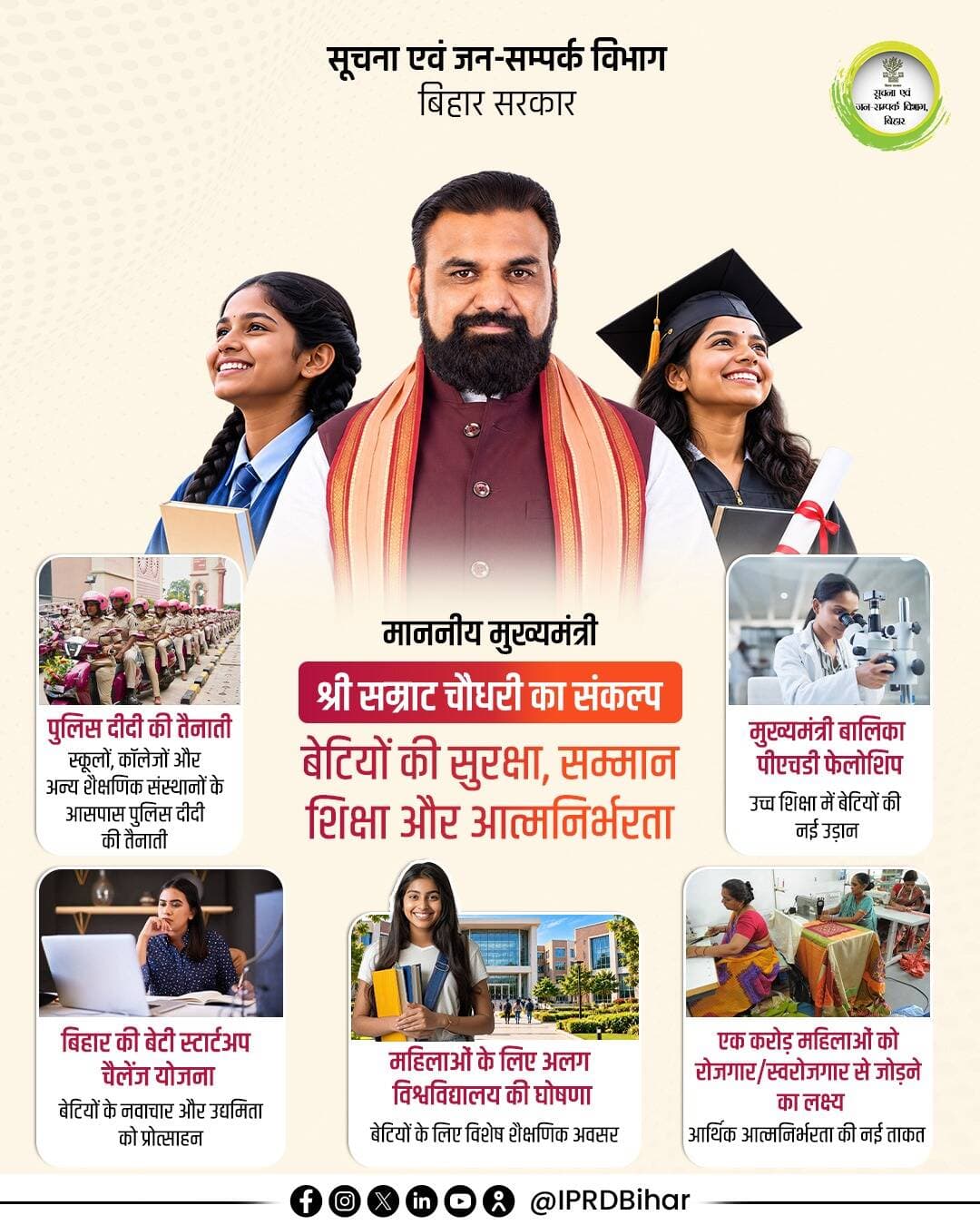 माननीय मुख्यमंत्री श्री सम्राट चौधरी जी के नेतृत्व में प्रदेश की बेटियों की सुरक्षा को सुदृढ़ करने के साथ ही उनकी उच्च शिक्षा, नवाचार और आर्थिक आत्मनिर्भरता को लेकर अवसरों का दायरा बढ़ाने की दिशा में कई महत्वपूर्ण पहलें की गईं हैं। इन पहलों से प्रदेश की बेटियाँ सुरक्षित, शिक्षित और आत्मनिर्भर होंगी तथा बिहार सशक्त होगा।
Samrat Choudhary
<nis:link nis:type=tag nis:id=samratchoudhary nis:value=samratchoudhary nis:enabled=true nis:link/>
<nis:link nis:type=tag nis:id=cmsamrat nis:value=CMSamrat nis:enabled=true nis:link/>
<nis:link nis:type=tag nis:id=womenempowerment nis:value=Womenempowerment nis:enabled=true nis:link/>