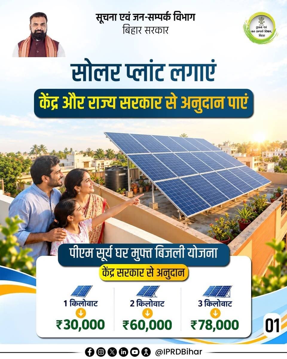 सोलर लगाएं, सरकार से सहयोग पाएं और बिहार की ऊर्जा को स्वच्छ एवं हरित बनाएं।
माननीय मुख्यमंत्री श्री सम्राट चौधरी जी के नेतृत्व में बिहार में सौर ऊर्जा को बढ़ावा देने की दिशा में लगातार प्रयास किए जा रहे हैं।
पीएम सूर्य घर मुफ्त बिजली योजना के तहत केंद्र सरकार और मुख्यमंत्री सोलर प्रोत्साहन योजना के तहत राज्य सरकार की ओर से सोलर प्लांट लगाने पर अनुदान दिया जा रहा है।
Samrat Choudhary
PM Surya Ghar: Muft Bijli Yojana
Energy Department, Bihar
<nis:link nis:type=tag nis:id=solarenergy nis:value=SolarEnergy nis:enabled=true nis:link/>
<nis:link nis:type=tag nis:id=samratchoudhary nis:value=samratchoudhary nis:enabled=true nis:link/>
<nis:link nis:type=tag nis:id=cmsamrat nis:value=CMSamrat nis:enabled=true nis:link/>