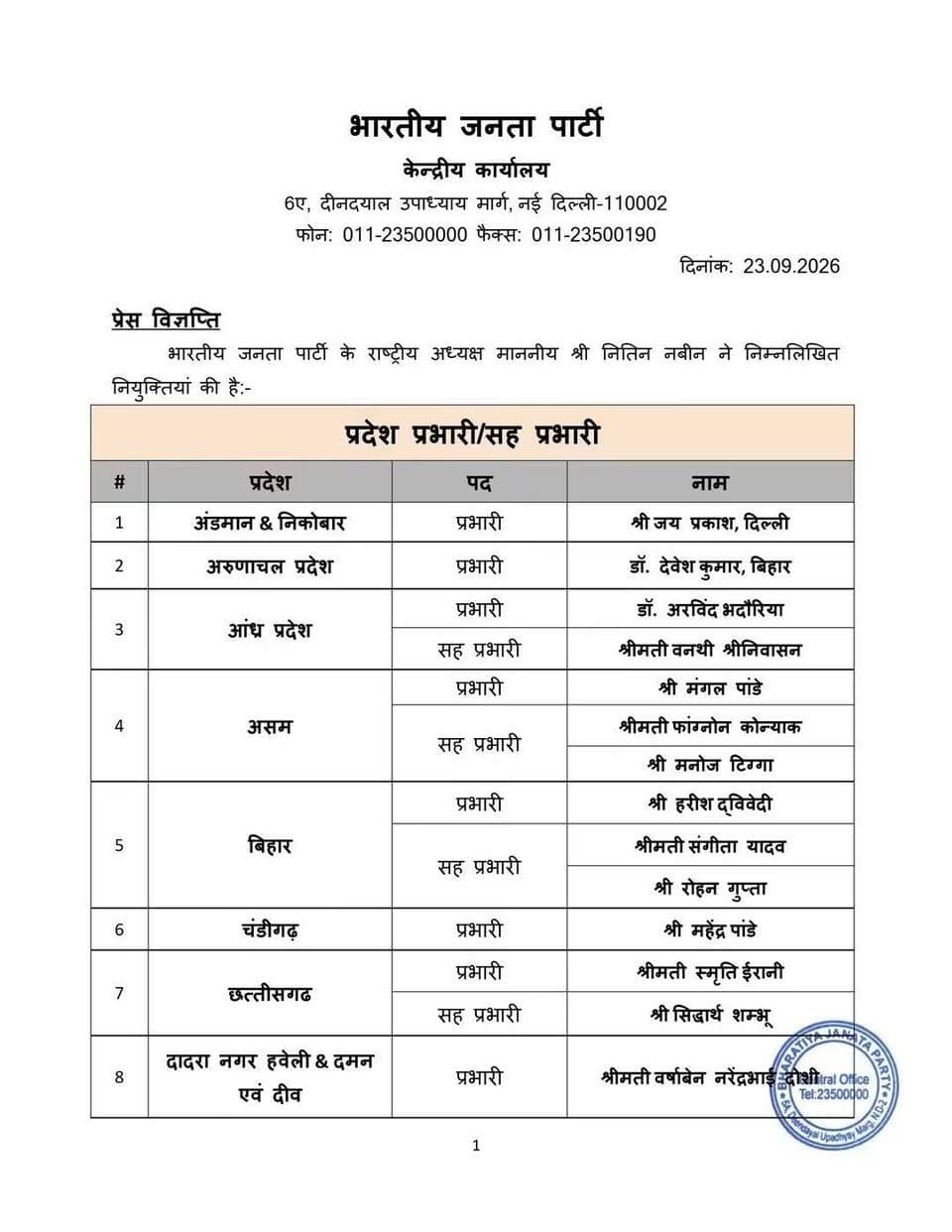 भारतीय जनता पार्टी के राष्ट्रीय अध्यक्ष श्री Nitin Nabin ने विभिन्न राज्यों के निम्नलिखित प्रदेश प्रभारियों और सह प्रभारियों की नियुक्तियां की है।
ये नियुक्तियां तत्काल प्रभाव से लागू होंगी।
BJP Madhya Pradesh Bharatiya Janata Party (BJP) Hemant Khandelwal