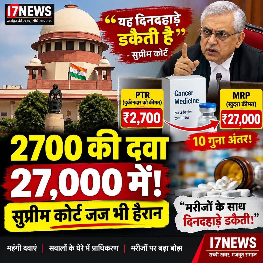 2700 रुपये की दवा 27 हजार में! सुप्रीम कोर्ट ने दवाओं की कीमतों पर जताई गंभीर चिंता
नई दिल्ली। दवाओं की कीमतों में निर्माता और मरीज के बीच भारी अंतर को लेकर सुप्रीम कोर्ट ने गंभीर चिंता जताई है। सुनवाई के दौरान कोर्ट ने एक कैंसर की जरूरी दवा का उदाहरण देते हुए कीमतों में दस गुना अंतर पर सवाल उठाए।
₹2,700 की दवा की MRP ₹27,000
सुप्रीम कोर्ट के समक्ष बताया गया कि संबंधित दवा की PTR यानी Price to Retailer करीब ₹2,700 है, जबकि उसी दवा की MRP ₹27,000 निर्धारित है। यानी दुकानदार को दवा जिस कीमत पर मिलती है और मरीज से अधिकतम खुदरा मूल्य के तौर पर जितनी रकम ली जा सकती है, उसके बीच करीब दस गुना अंतर है।
मरीज से इतनी अधिक कीमत क्यों?
कोर्ट ने इस भारी मूल्य अंतर पर सवाल उठाते हुए पूछा कि जब दवा इतनी कम कीमत पर उपलब्ध कराई जा रही है तो मरीज से इतनी अधिक रकम क्यों वसूली जानी चाहिए। अदालत ने इस स्थिति को बेहद गंभीर बताते हुए मरीजों पर पड़ने वाले आर्थिक बोझ को लेकर चिंता जताई।
अधिकारियों की चुप्पी पर भी सवाल
सुप्रीम कोर्ट ने दवाओं की कीमतों के निर्धारण और निगरानी से जुड़े अधिकारियों एवं प्राधिकरणों की भूमिका पर भी सवाल उठाए। कोर्ट ने पूछा कि जब दवाओं की कीमतों में इतना बड़ा अंतर सामने आ रहा है, तो जिम्मेदार प्राधिकरण इस मुद्दे पर चुप क्यों हैं।
कैंसर मरीजों के लिए बड़ा आर्थिक बोझ
कैंसर जैसी गंभीर बीमारी में मरीजों को लंबे समय तक महंगी दवाओं की जरूरत पड़ सकती है। ऐसे में दवा की वास्तविक कीमत और MRP के बीच बड़ा अंतर मरीज और उसके परिवार पर अतिरिक्त आर्थिक दबाव डाल सकता है।
दवा कीमतों की व्यवस्था पर बहस तेज
सुप्रीम कोर्ट की टिप्पणी के बाद दवाओं की कीमत तय करने की व्यवस्था, MRP और PTR के बीच अंतर तथा मरीजों को उचित कीमत पर आवश्यक दवाएं उपलब्ध कराने की व्यवस्था पर बहस तेज होने की संभावना है। मामले में अदालत की आगे की कार्यवाही पर भी नजर रहेगी।
I7 NEWS | जनहित की खबर, सीधे आप तक।
<nis:link nis:type=tag nis:id=supremecourt nis:value=SupremeCourt nis:enabled=true nis:link/> <nis:link nis:type=tag nis:id=supremecourtindia nis:value=SupremeCourtIndia nis:enabled=true nis:link/> <nis:link nis:type=tag nis:id=medicineprice nis:value=MedicinePrice nis:enabled=true nis:link/> <nis:link nis:type=tag nis:id=cancermedicine nis:value=CancerMedicine nis:enabled=true nis:link/> <nis:link nis:type=tag nis:id=drugprice nis:value=DrugPrice nis:enabled=true nis:link/> <nis:link nis:type=tag nis:id=mrp nis:value=MRP nis:enabled=true nis:link/> <nis:link nis:type=tag nis:id=ptr nis:value=PTR nis:enabled=true nis:link/> <nis:link nis:type=tag nis:id=2700kidawa27000mein nis:value=2700KiDawa27000Mein nis:enabled=true nis:link/> <nis:link nis:type=tag nis:id=महंगीदवाएं nis:value=महंगीदवाएं nis:enabled=true nis:link/> <nis:link nis:type=tag nis:id=दवाओंकीकीमत nis:value=दवाओंकीकीमत nis:enabled=true nis:link/> <nis:link nis:type=tag nis:id=सुप्रीमकोर्ट nis:value=सुप्रीमकोर्ट nis:enabled=true nis:link/> <nis:link nis:type=tag nis:id=कैंसरकीदवा nis:value=कैंसरकीदवा nis:enabled=true nis:link/> <nis:link nis:type=tag nis:id=मरीज nis:value=मरीज nis:enabled=true nis:link/> <nis:link nis:type=tag nis:id=जनहित nis:value=जनहित nis:enabled=true nis:link/> <nis:link nis:type=tag nis:id=i7news nis:value=I7NEWS nis:enabled=true nis:link/> <nis:link nis:type=tag nis:id=i7news nis:value=i7News nis:enabled=true nis:link/> <nis:link nis:type=tag nis:id=indianews nis:value=IndiaNews nis:enabled=true nis:link/> <nis:link nis:type=tag nis:id=breakingnews nis:value=BreakingNews nis:enabled=true nis:link/> <nis:link nis:type=tag nis:id=latestnews nis:value=LatestNews nis:enabled=true nis:link/> <nis:link nis:type=tag nis:id=newsupdate nis:value=NewsUpdate nis:enabled=true nis:link/>