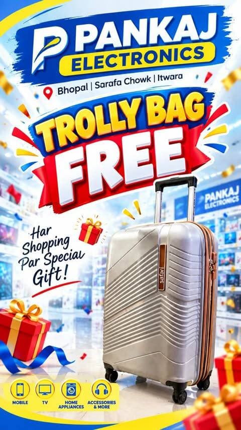 🎁 PANKAJ ELECTRONICS PAR TROLLY BAG FREE!
🛍️ Shopping karo aur paao Stylish Trolley Bag FREE! 😍
📱 Mobiles | 📺 TV | ❄️ Fridge | 🧺 Washing Machine | 💻 Electronics & More
🔥 Pankaj Electronics par shopping ke saath mil rahe hain dher saare exciting gifts & offers!
🎉 Apni favourite electronics product kharido aur offer ka fayda uthao.
📍 Shop No. 36, Sarafa Chowk, Agrawal Jewellers Row, Beside Shobhit Restaurant, Bhopal (M.P.)
📞 9302204320 | 9303556582
👉 Offer ki details ke liye aaj hi Pankaj Electronics visit karein! ❤️
#PankajElectronics #TrolleyBagFree #FreeTrolleyBag #FreeGift #GiftOffer ElectronicsOffer Bhopal BhopalReels BhopalShopping BhopalMarket ShoppingOffer MobileOffer ElectronicsStore MegaOffer SpecialOffer GiftOffer2026 TrendingReels ViralReels ReelsIndia InstagramReels ExplorePage OfferAlert ShoppingReels BhopalBusiness