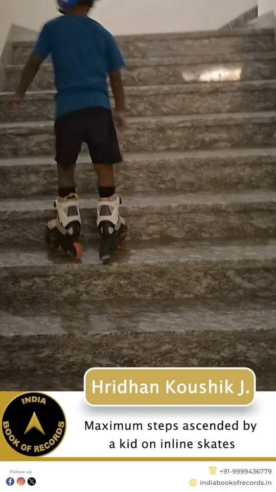 164 Steps on Skates at Just 4 Years Old! | India Book of Records
At just 4 years old, Hridhan Koushik J. from Virudhunagar, Tamil Nadu climbed an incredible 164 building steps non-stop on inline skates, completely unaided, in just 6 minutes and 39 seconds. His balance, courage and control made this a truly remarkable feat, earning him recognition from the India Book of Records on June 4, 2026.
#indiabookofrecords #inlineskating #youngachiever #kidsrecord #ibr