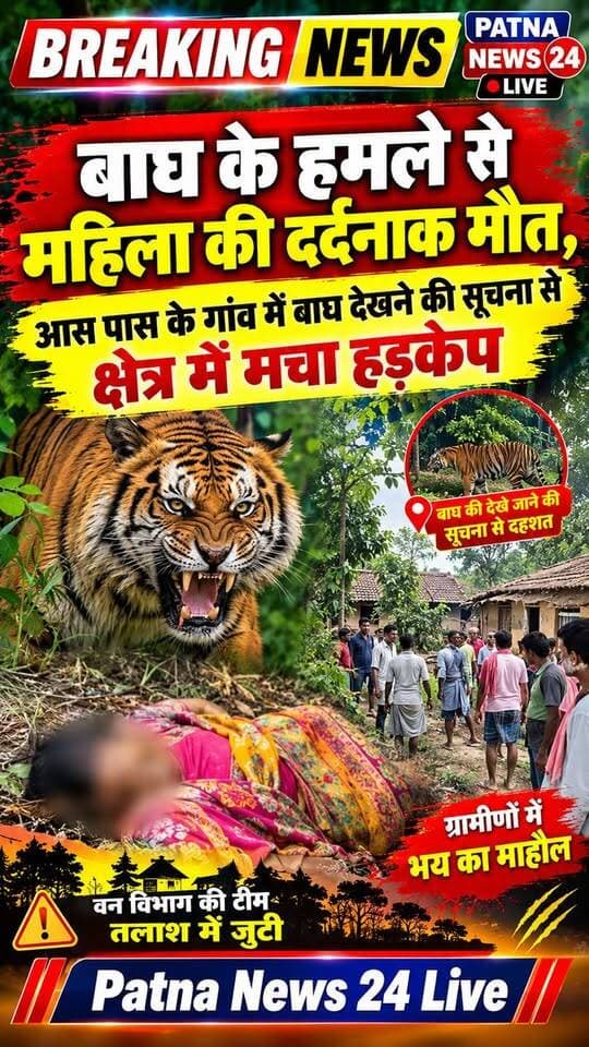 🐅 बाघ के हमले से महिला की दर्दनाक मौत, आसपास के गांवों में बाघ दिखने की सूचना से मचा हड़कंप 😱
#TigerAttack #बाघका_हमला #महिलाकीमौत #BreakingNews #बाघ #दहशत #ग्रामीण #PatnaNews24Live #BiharNews #LatestNews
