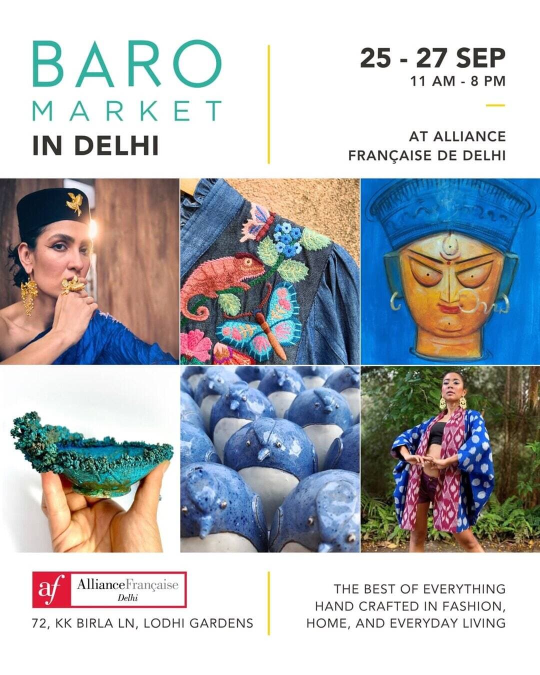 DELHI! Baro Market Pop-up is coming to the city with the best of everything hand crafted in fashion, home and everyday living!
AND IT STARTS TOMORROW!!
September 25, 26 & 27 (Friday to Sunday)
All days 11 AM to 8 PM
At Alliance Française de Delhi, KK Birla Lane, Lodhi Gardens
Come browse & find something you love!
@baromarket
…..
(Baro Market, Exhibitions, Markets, hand crafted, men, women, kids, best of everything hand made, homegrown luxury, crafts of India, designer wear, beautiful jewellery, games, food, shopping, art, craft, jewellery, vintage, pop-up, LBB Delhi, handmade, embroidered, handwoven, Indian heritage, must-have, festive wear, culture and traditions, fashion, menswear, womenswear , kids wear, heirloom, newborn clothing, curated, Baro Market, Srila Chatterjee, Made in India, Homegrown, clothing, gifting, seasonal, resort wear, gifts, exclusive, pottery, Things to do in Delhi, shop till you drop)
