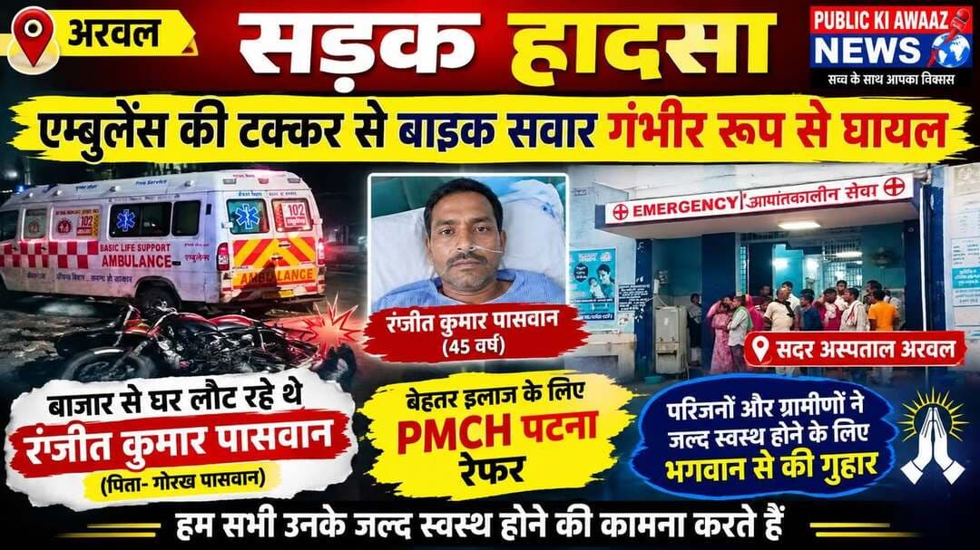 सड़क हादसे में बाइक सवार गंभीर, PMCH पटना रेफर
अरवल जिला के रामपुर चौराहा थाना क्षेत्र में सड़क हादसे में बाइक सवार 45 वर्षीय रंजीत कुमार पासवान गंभीर रूप से घायल हो गए। बताया जा रहा है कि गोरख पासवान के पुत्र रंजीत कुमार पासवान बाजार से अपना काम खत्म कर बाइक से घर लौट रहे थे। इसी दौरान परिजनों और ग्रामीणों के अनुसार, इमरजेंसी लाइफ सपोर्ट एंबुलेंस की टक्कर से वह गंभीर रूप से घायल हो गए।
हादसे के बाद मौके पर मौजूद परिजनों और ग्रामीणों की मदद से घायल रंजीत कुमार पासवान को तत्काल सदर अस्पताल अरवल में भर्ती कराया गया। डॉक्टरों ने प्राथमिक उपचार के बाद उनकी गंभीर स्थिति को देखते हुए बेहतर इलाज के लिए PMCH पटना रेफर कर दिया।
फिलहाल रंजीत कुमार पासवान जिंदगी और मौत के बीच जूझ रहे हैं। परिजनों और ग्रामीणों ने भगवान से उनके जल्द स्वस्थ होने की प्रार्थना की है।