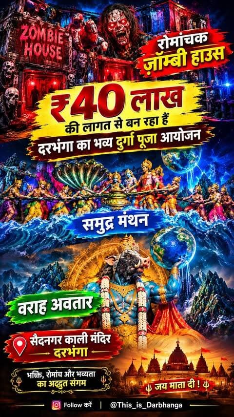 दरभंगा में इस बार दुर्गा पूजा होने वाली है बेहद खास! 🚩
सैदनगर काली मंदिर में लगभग 40 लाख रुपये की लागत से तैयार हो रही हैं तीन भव्य थीम—
👻 ज़ॉम्बी हाउस
🌊 समुद्र मंथन
🐗 वराह अवतार!
तो दरभंगा वालों… इस दुर्गा पूजा सैदनगर काली मंदिर आना बिल्कुल मत भूलिएगा।
Please follow @this_is_darbhanga
#darbhanga #explorepage #durgapuja #durgapujaspecial❤️ #jaymatadi