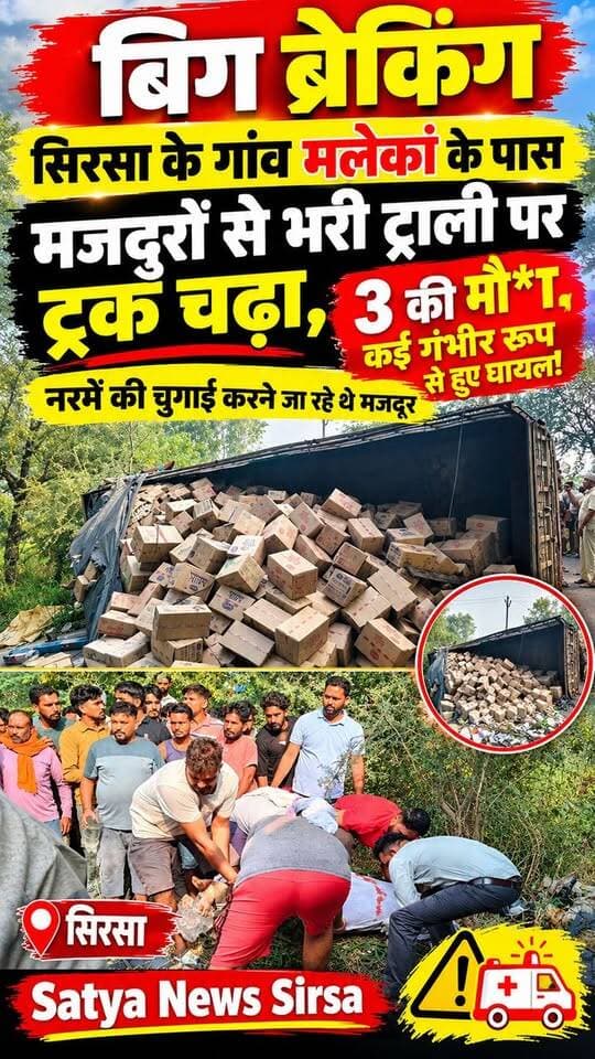 खून से सड़क हुई लाल! 25 घरों में पसरा मातम!सिरसा के गांव मलेकां के पास मजदूरों से भरी ट्राली पर ट्रक चढ़ा, 3 की हुई मौ*T, कई गंभीर रूप से हुए घायल! नरमें की चुगाई करने जा रहे थे मजदूर। दिल दहला देने वाला सबक हादसा #Satyanewssirsa #viralreelsシ #viralreelschallenge ##viralchallenge #RoadAccident #viralpost #Mallekan #