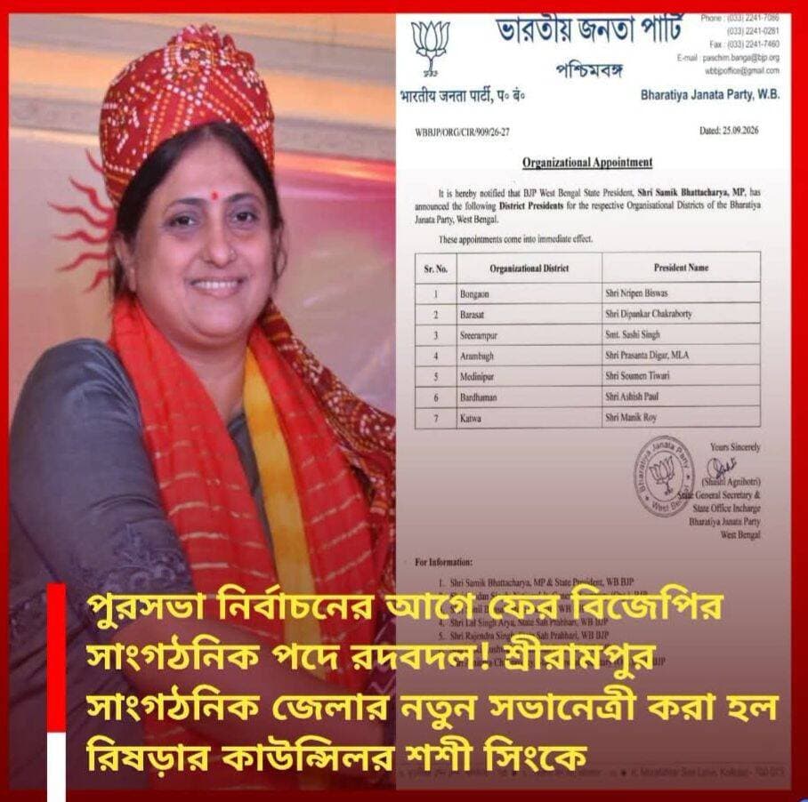 হুগলি শ্রীরামপুর সাংগঠনিক জেলা বিজেপির নতুন সভাপতি হলেন শশী সিং ঝাঁ ।
<nis:link nis:type=tag nis:id=bjp nis:value=BJP nis:enabled=true nis:link/> <nis:link nis:type=tag nis:id=serampore nis:value=Serampore nis:enabled=true nis:link/> <nis:link nis:type=tag nis:id=rishra nis:value=Rishra nis:enabled=true nis:link/> <nis:link nis:type=tag nis:id=hooghly nis:value=Hooghly nis:enabled=true nis:link/>
<nis:link nis:type=tag nis:id=newsvlog nis:value=newsvlog nis:enabled=true nis:link/>