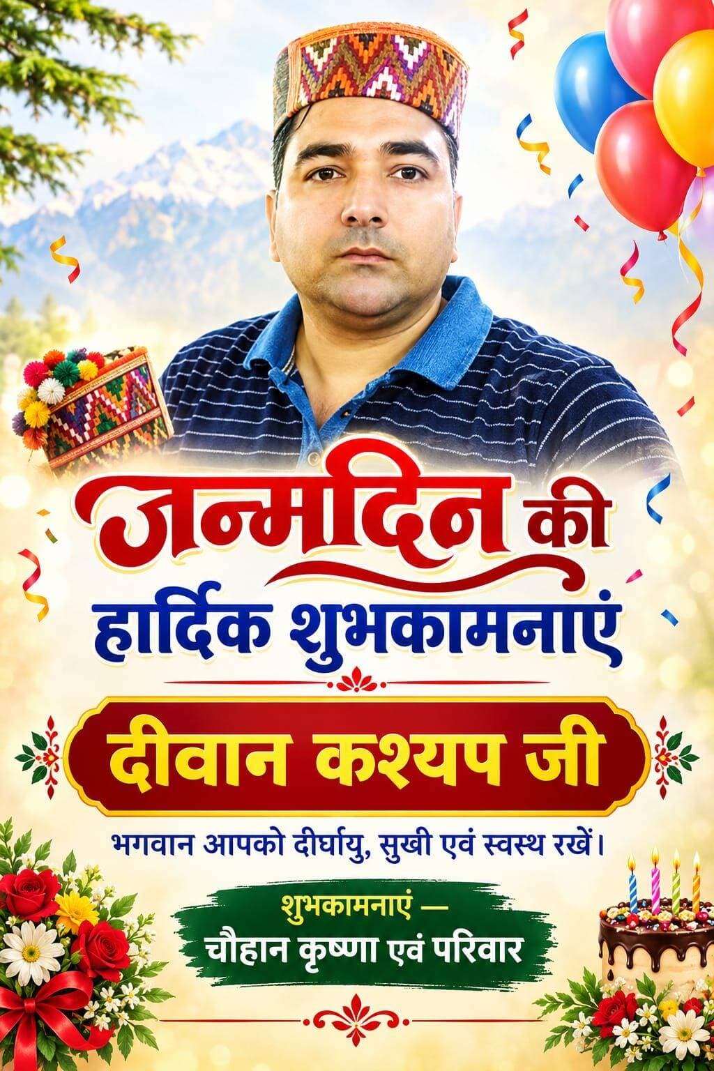 बहुत ही मधुर भाषी जिला कुल्लू की बंजार विधानसभा क्षेत्र से संबंध रखने वाले अल्ट्रा टैक सीमेंट प्लांट बागा में इंस्ट्रूमेंट विभाग के मैनेजर पद पर तैनात हमारे सम्मानित भाई दीवान कश्यप जी को जन्म दिवस के विशेष अवसर पर चौहान कृष्णा परिवार की तरफ से हार्दिक बधाई एवं शुभकामनाएं भगवान आपकी हर आरजू पुरी करे आप हर प्रकार से खुशहाल एवं सेहतमंद रहे