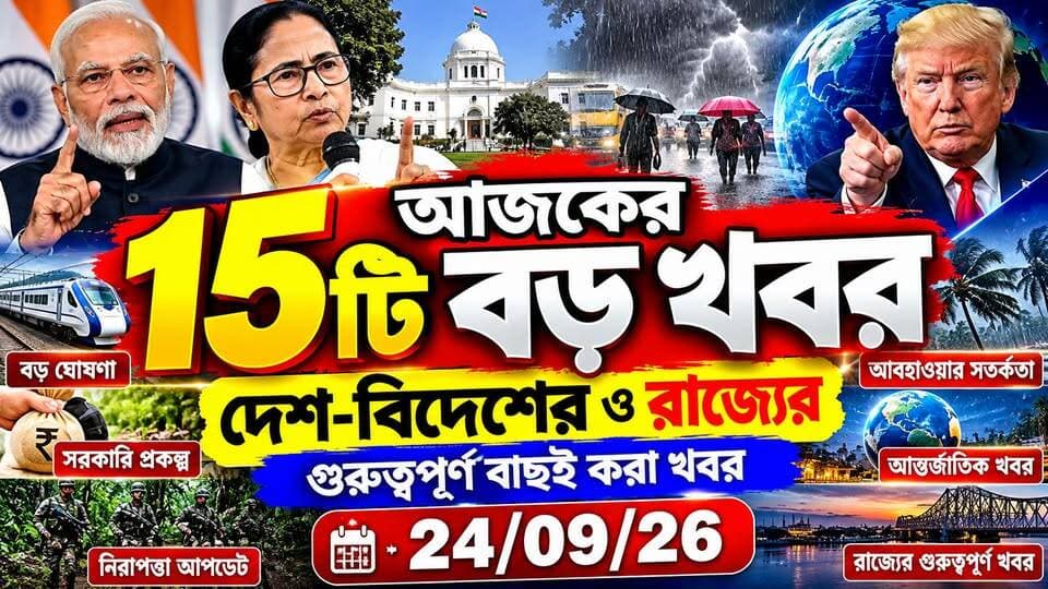 🔴 আজকের দেশ-বিদেশের ও রাজ্যের গুরুত্বপূর্ণ বাছাই করা 15টি বড় খবর - 24/09/26