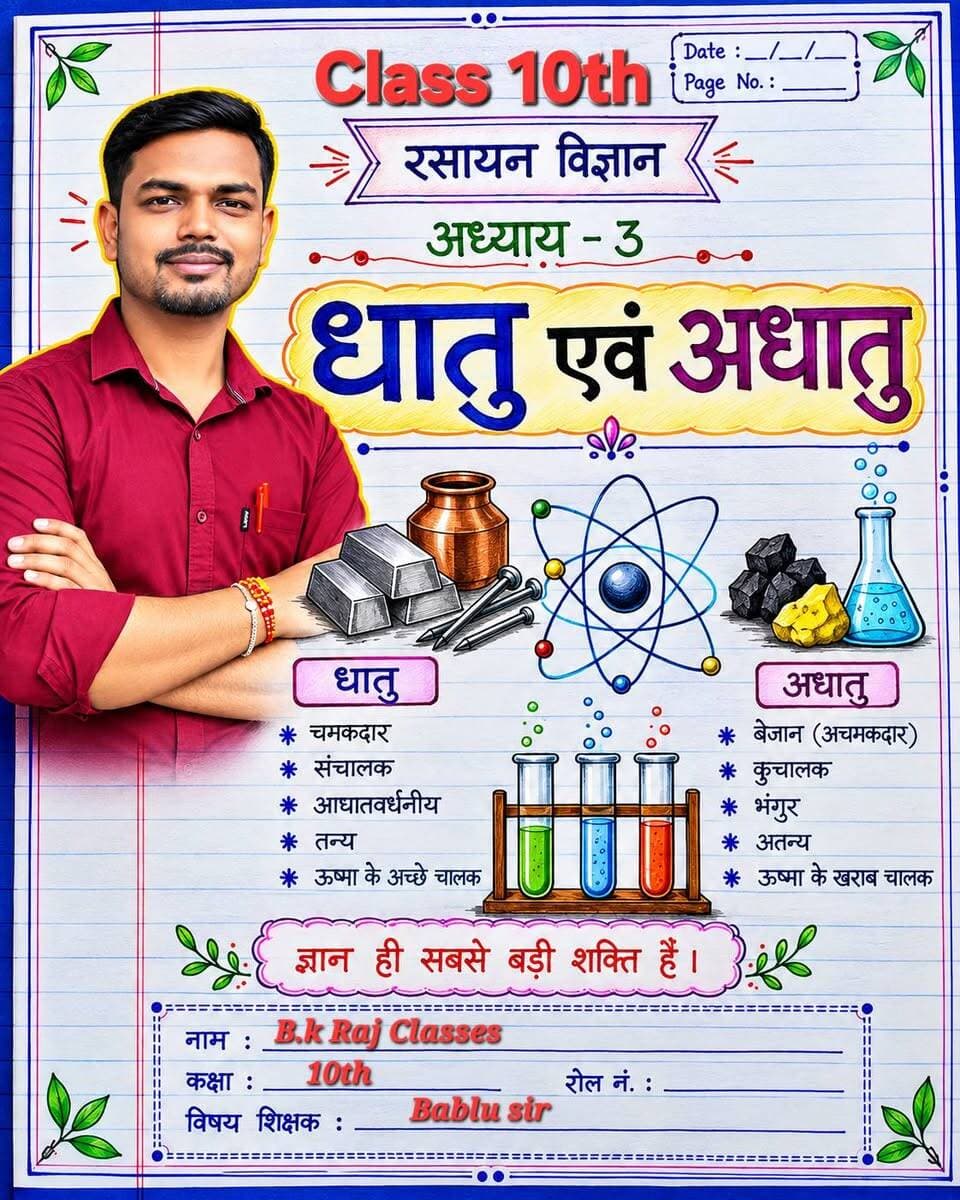 🧪🔥 Science की “जड़ी-बूटी” | धातु एवं अधातु Lesson 3
📚 क्लास 10 Science के लिए बेहद जरूरी रिवीजन सीरीज!
इस पोस्ट में धातु एवं अधातु के महत्वपूर्ण पॉइंट्स को आसान और शॉर्ट तरीके से याद करने की कोशिश की गई है। 🧠✨
🎯 Board Exam 2027 के लिए Revision शुरू करो!
📌 पोस्ट को Save करें
❤️ पसंद आए तो Like करें
👥 अपने दोस्तों के साथ Share करें
➕ ऐसी ही Exam-Oriented Science सामग्री के लिए Follow करें।
आपके लिए “Science की जड़ी-बूटी” सीरीज का अगला Topic कौन-सा होना चाहिए? 👇
🔥 Hashtags
#ScienceKiJadibooti #Science #Class10Science #Class10 #ScienceNotes #BoardExam2027 #BiharBoard #BiharBoard10th #MatricExam #DhatuEvamAdhatu #MetalsAndNonMetals #ScienceRevision #ExamPreparation #BoardPreparation #NCERT #NCERTScience #StudyNotes #ImportantQuestions #ScienceStudy #BKRajClasses #StudyWithMe #StudentLife #ViralStudy #Education #EducationReels