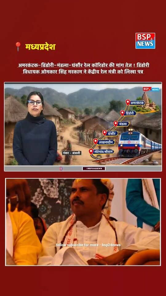 अमरकंटक–डिंडोरी–मंडला–घंसौर रेल कॉरिडोर की मांग तेज ! डिंडोरी
विधायक ओमकार सिंह मरकाम ने केंद्रीय रेल मंत्री को लिखा पत्र