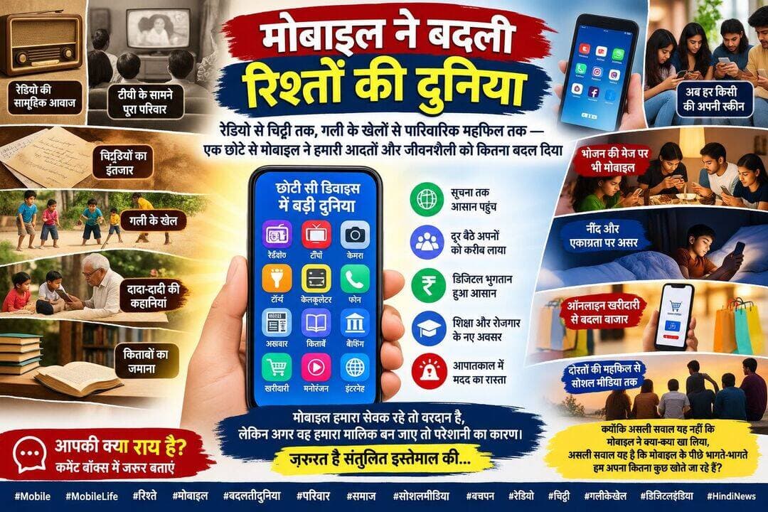 मोबाइल ने बदली रिश्तों की दुनिया, हथेली में आई पूरी दुनिया तो कहीं पीछे छूट गया अपनापन
रेडियो से चिट्ठी तक, गली के खेलों से पारिवारिक महफिल तक—मोबाइल ने बदली जिंदगी की तस्वीर, सुविधा बढ़ी तो संवाद और फुर्सत पर भी पड़ा असर
कभी रेडियो की आवाज पर पूरा परिवार एक साथ बैठता था, चिट्ठी आने का इंतजार रिश्तों में मिठास घोलता था और गली-मोहल्लों में बच्चों की आवाजें शाम की पहचान हुआ करती थीं।
दादा-दादी की कहानियां सुनने के लिए बच्चे उनके आसपास बैठते थे। दोस्तों की महफिल चाय की चुस्कियों और आमने-सामने की बातचीत से सजती थी। लेकिन समय बदला और हाथ में आया मोबाइल फोन।
देखते ही देखते इस छोटे से उपकरण ने जिंदगी के कई हिस्सों को अपने भीतर समेट लिया।
आज मोबाइल केवल फोन करने का साधन नहीं है। इसमें रेडियो है, कैमरा है, कैलकुलेटर है, टॉर्च है, टीवी है, अखबार है, बैंक है, बाजार है, किताबें हैं और मनोरंजन की पूरी दुनिया भी है।
सुविधा के लिहाज से यह तकनीक का बड़ा बदलाव है, लेकिन इसके साथ हमारी दिनचर्या, रिश्तों और सामाजिक व्यवहार में भी बड़ा परिवर्तन आया है।
रेडियो की सामूहिक आवाज से मोबाइल की निजी स्क्रीन तक
एक समय था जब घर-घर रेडियो बजता था। सुबह समाचार, कृषि कार्यक्रम और गीत-संगीत सुनने की परंपरा थी।
किसी बड़े राजनीतिक घटनाक्रम, चुनाव परिणाम, क्रिकेट मैच या देश से जुड़ी महत्वपूर्ण खबर पर लोग रेडियो के आसपास बैठकर सुनते और बाद में चर्चा करते थे।
आज वही रेडियो मोबाइल के एक ऐप में मौजूद है। दुनिया के किसी भी हिस्से का प्रसारण सुना जा सकता है, लेकिन रेडियो सुनने की सामूहिक संस्कृति काफी पीछे छूट गई है।
टीवी के सामने बैठता था पूरा परिवार
टेलीविजन का दौर आया तो परिवार के लोग एक ही स्क्रीन के सामने बैठकर समाचार, धारावाहिक और फिल्में देखते थे। कार्यक्रम समाप्त होने के बाद उसकी कहानी और विषय पर चर्चा होती थी।
अब एक ही घर में कई स्क्रीन हैं। परिवार के सदस्य साथ बैठे हो सकते हैं, लेकिन उनकी नजरें अलग-अलग मोबाइल स्क्रीन पर टिकी रहती हैं।
तकनीक ने दूरी कम करने का साधन दिया, लेकिन कई बार पास बैठे लोगों के बीच संवाद का समय भी कम कर दिया।
चिट्ठियों का इंतजार अब संदेश की तेजी में बदला
कभी डाकिए की आवाज और चिट्ठी का इंतजार रिश्तों का हिस्सा हुआ करता था। हाथ से लिखी चिट्ठी को संभालकर रखना और वर्षों बाद उसे दोबारा पढ़ना भावनात्मक अनुभव होता था।
अब संदेश कुछ सेकंड में पहुंच जाता है। वीडियो कॉल से दूर बैठे व्यक्ति को सामने देखा जा सकता है। संचार आसान और तेज हुआ है, लेकिन इंतजार और हाथ से लिखे शब्दों से जुड़ा भावनात्मक स्पर्श कम हुआ है।
गली के खेलों से मोबाइल गेम तक
गिल्ली-डंडा, कंचे, लट्टू, कबड्डी, खो-खो, क्रिकेट और फुटबॉल कभी बच्चों की दिनचर्या का हिस्सा थे। शाम होते ही गली और मैदान बच्चों की आवाजों से भर जाते थे।
अब मोबाइल गेम और वीडियो मनोरंजन ने बच्चों के खाली समय का बड़ा हिस्सा घेर लिया है।
मैदान में दौड़ते पैरों की जगह कई बार स्क्रीन पर चलती उंगलियां दिखाई देती हैं। खेलों का स्वरूप बदला है और इसके साथ बच्चों के सामाजिक मेल-जोल का तरीका भी बदला है।
दोस्तों की महफिल अब सोशल मीडिया पर
पहले दोस्तों का मिलना मतलब आमने-सामने बैठकर बातचीत, हंसी-मजाक और चाय की चुस्कियां था।
अब सोशल मीडिया ने मित्रता के नए रास्ते खोल दिए हैं। दूर बैठे दोस्तों से संपर्क बना रहता है, लेकिन कई बार एक ही जगह बैठे लोग भी अपने-अपने मोबाइल में व्यस्त दिखाई देते हैं।
सोशल मीडिया ने संपर्क बढ़ाया है, मगर आमने-सामने बैठकर लंबी बातचीत के लिए उपलब्ध समय कई लोगों की दिनचर्या में कम हुआ है।
बुजुर्गों की कहानियों की जगह डिजिटल मनोरंजन
दादा-दादी और नाना-नानी की कहानियां केवल मनोरंजन नहीं थीं। उनमें परिवार का इतिहास, संस्कार, अनुभव और जीवन की सीख छिपी रहती थी।
आज मोबाइल पर मनोरंजन की हजारों चीजें उपलब्ध हैं। बच्चे कुछ सेकंड में नया वीडियो देख सकते हैं, लेकिन बुजुर्गों के पास बैठकर उनकी जिंदगी के अनुभव सुनने का समय कई परिवारों में कम हुआ है।
कैमरा, टॉर्च और कैलकुलेटर भी मोबाइल में
पहले फोटो खींचने के लिए अलग कैमरा, हिसाब लगाने के लिए कैलकुलेटर और अंधेरे में रोशनी के लिए टॉर्च जरूरी होती थी। अब मोबाइल इन तीनों की भूमिका निभा रहा है।
फोटो खींचना तत्काल हो गया है। टॉर्च की जरूरत पड़ते ही फ्लैशलाइट उपलब्ध है और जोड़-घटाव के लिए कैलकुलेटर भी जेब में मौजूद है।
अखबार और किताबों की जगह स्क्रीन
कभी सुबह चाय के साथ अखबार पढ़ना दिनचर्या का हिस्सा था। अब खबरें मोबाइल पर लगातार अपडेट होती रहती हैं। इसी तरह किताबों की जगह ई-बुक और डिजिटल सामग्री ने ले ली है।
ज्ञान और सूचना तक पहुंच पहले से आसान हुई है, लेकिन लगातार स्क्रॉल करने की आदत के बीच गहराई से पढ़ने और किसी विषय पर लंबे समय तक ध्यान लगाने की आदत को चुनौती भी मिलती है।
फुर्सत भी अब पूरी तरह खाली नहीं
पहले खाली समय का मतलब सचमुच खाली समय था। लोग छत पर बैठते थे, खेत की मेड़ पर बातें करते थे, टहलते थे या परिवार के साथ समय बिताते थे।
अब कतार में खड़े होने से लेकर बस में सफर करने और बिस्तर पर जाने तक मोबाइल साथ रहता है। थोड़ी सी फुर्सत मिलते ही हाथ स्क्रीन की ओर बढ़ जाता है।
परिवार की थाली और मोबाइल की स्क्रीन
कभी भोजन के समय परिवार के सदस्य दिनभर की बातें साझा करते थे। आज कई घरों में खाने की मेज पर भी मोबाइल पहुंच चुका है।
परिवार एक साथ बैठा होता है, लेकिन बातचीत कई बार नोटिफिकेशन और स्क्रीन के बीच बंट जाती है।
यही वह बदलाव है जहां तकनीक सुविधा से आगे बढ़कर हमारी आदतों को प्रभावित करती दिखाई देती है।
रास्ता पूछने से लेकर हर सवाल का जवाब मोबाइल में
कभी अनजान शहर में रास्ता पूछना पड़ता था।
राहगीर से बातचीत होती और कई बार इसी छोटे से संवाद से परिचय बन जाता था। अब डिजिटल मैप कुछ सेकंड में रास्ता बता देता है।
सुविधा निश्चित रूप से बढ़ी है, लेकिन अनजान लोगों से बातचीत के ऐसे छोटे-छोटे अवसर कम हुए हैं।
फोटो एलबम की जगह मोबाइल गैलरी
पुराने फोटो एलबम परिवार की यादों का खजाना हुआ करते थे। पूरा परिवार बैठकर पुरानी तस्वीरें देखता और उनसे जुड़ी कहानियां सुनाता था।
आज मोबाइल में हजारों तस्वीरें सुरक्षित हैं।
लेकिन उनमें से कितनी तस्वीरें भविष्य की पीढ़ियों तक फोटो एलबम की तरह पहुंचेंगी, यह एक विचार करने वाला सवाल है।
मोबाइल ने बहुत कुछ दिया भी है
मोबाइल को केवल रिश्तों में दूरी का कारण मानना भी उचित नहीं होगा।
इसने सूचना को आसान बनाया, दूर बैठे परिवारों को जोड़ा, ऑनलाइन बैंकिंग और डिजिटल भुगतान को सरल किया, शिक्षा और रोजगार के अवसरों तक पहुंच बढ़ाई और आपात स्थिति में संपर्क को तेज बनाया।
समस्या मोबाइल में नहीं, उसके इस्तेमाल के तरीके में है।
मोबाइल यदि जरूरत का साधन रहे तो बेहद उपयोगी है, लेकिन यदि हर खाली पल उसी के हवाले हो जाए तो जीवन के दूसरे जरूरी हिस्सों के लिए समय कम पड़ सकता है।
रिश्ते बचाने के लिए स्क्रीन से थोड़ा बाहर निकलना होगा
बच्चों को मोबाइल के साथ मैदान भी चाहिए।
किताब के साथ बातचीत भी चाहिए। उन्हें दादा-दादी की कहानियां सुनने का अवसर भी मिलना चाहिए।
परिवार को भोजन के दौरान कुछ समय बिना स्क्रीन के बैठना चाहिए।
दोस्तों को सोशल मीडिया के साथ आमने-सामने मिलने का समय भी निकालना चाहिए।
मोबाइल ने रेडियो, टीवी, कैमरा, टेलीफोन, कैलकुलेटर और टॉर्च जैसे अनेक उपकरणों को अपने भीतर समेट लिया है।
लेकिन जरूरत इस बात की है कि वह हमारी संवेदनाएं, रिश्ते और फुर्सत भी अपने भीतर न समेट ले।
आखिर सवाल यह नहीं कि मोबाइल ने क्या-क्या बदल दिया।
असली सवाल यह है कि मोबाइल के पीछे भागते-भागते हम अपने जीवन का कितना हिस्सा स्क्रीन के हवाले कर रहे हैं?
आपकी क्या राय है? क्या मोबाइल ने रिश्तों को आसान बनाया है या आमने-सामने की बातचीत कम की है?
अपनी राय कमेंट बॉक्स में जरूर बताएं।
<nis:link nis:type=tag nis:id=mobile nis:value=Mobile nis:enabled=true nis:link/> <nis:link nis:type=tag nis:id=mobilelife nis:value=MobileLife nis:enabled=true nis:link/> <nis:link nis:type=tag nis:id=technology nis:value=Technology nis:enabled=true nis:link/> <nis:link nis:type=tag nis:id=रिश्ते nis:value=रिश्ते nis:enabled=true nis:link/> <nis:link nis:type=tag nis:id=मोबाइल nis:value=मोबाइल nis:enabled=true nis:link/> <nis:link nis:type=tag nis:id=बदलतीदुनिया nis:value=बदलतीदुनिया nis:enabled=true nis:link/> <nis:link nis:type=tag nis:id=बदलतेरिश्ते nis:value=बदलतेरिश्ते nis:enabled=true nis:link/> <nis:link nis:type=tag nis:id=परिवार nis:value=परिवार nis:enabled=true nis:link/> <nis:link nis:type=tag nis:id=समाज nis:value=समाज nis:enabled=true nis:link/> <nis:link nis:type=tag nis:id=सोशलमीडिया nis:value=सोशलमीडिया nis:enabled=true nis:link/> <nis:link nis:type=tag nis:id=बचपन nis:value=बचपन nis:enabled=true nis:link/> <nis:link nis:type=tag nis:id=रेडियो nis:value=रेडियो nis:enabled=true nis:link/> <nis:link nis:type=tag nis:id=चिट्ठी nis:value=चिट्ठी nis:enabled=true nis:link/> <nis:link nis:type=tag nis:id=गलीकेखेल nis:value=गलीकेखेल nis:enabled=true nis:link/> <nis:link nis:type=tag nis:id=डिजिटलइंडिया nis:value=डिजिटलइंडिया nis:enabled=true nis:link/> <nis:link nis:type=tag nis:id=hindinews nis:value=HindiNews nis:enabled=true nis:link/> <nis:link nis:type=tag nis:id=jalaun nis:value=Jalaun nis:enabled=true nis:link/> <nis:link nis:type=tag nis:id=orai nis:value=Orai nis:enabled=true nis:link/> <nis:link nis:type=tag nis:id=kalpi nis:value=Kalpi nis:enabled=true nis:link/> <nis:link nis:type=tag nis:id=jalaunnews nis:value=JalaunNews nis:enabled=true nis:link/> <nis:link nis:type=tag nis:id=bundelkhand nis:value=Bundelkhand nis:enabled=true nis:link/> <nis:link nis:type=tag nis:id=breakingnews nis:value=BreakingNews nis:enabled=true nis:link/> <nis:link nis:type=tag nis:id=viralnews nis:value=ViralNews nis:enabled=true nis:link/> <nis:link nis:type=tag nis:id=newsupdate nis:value=NewsUpdate nis:enabled=true nis:link/>