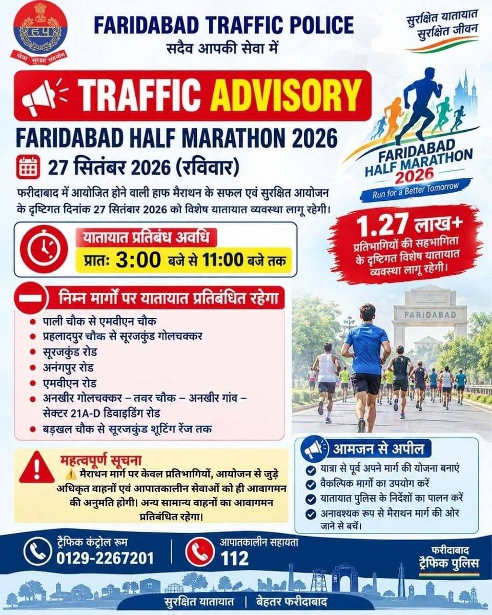 मैराथन प्रतिभागियों को ही निर्धारित पार्किंग स्थलों तक पहुंचने की अनुमति रहेगी, पंजीकरण कार्ड/BIB साथ लाना अनिवार्य*
*फरीदाबाद हाफ मैराथन-2026 के मद्देनजर 27 सितंबर को विशेष यातायात व्यवस्था, प्रातः 03:00 बजे से 11:00 बजे तक कई मार्गों पर वाहनों का आवागमन रहेगा प्रतिबंधित*
फरीदाबाद में दिनांक 27 सितंबर 2026 (रविवार) को सूरजकुंड मेला ग्राउंड से Faridabad Half Marathon-2026 का आयोजन प्रस्तावित है, जिसमें लगभग 1.27 लाख प्रतिभागियों के हिस्सा लेने की संभावना है। मैराथन के सफल एवं सुरक्षित आयोजन तथा प्रतिभागियों एवं आमजन की सुरक्षा को ध्यान में रखते हुए फरीदाबाद ट्रैफिक पुलिस द्वारा दिनांक 27 सितंबर 2026 को प्रातः 03:00 बजे से 11:00 बजे तक विशेष यातायात व्यवस्था लागू की जाएगी।
मैराथन के निर्धारित रूट एवं उससे जुड़े मार्गों पर इस अवधि के दौरान सामान्य वाहनों का आवागमन प्रतिबंधित रहेगा। *हालांकि, मैराथन में भाग लेने वाले प्रतिभागियों, आयोजन से जुड़े अधिकृत वाहनों एवं आपातकालीन सेवाओं को निर्धारित व्यवस्था के अनुसार आवागमन की अनुमति रहेगी।* यातायात व्यवस्था को सुचारू बनाए रखने के लिए विभिन्न प्रमुख चौराहों, कट एवं मोड़ पर यातायात नाके एवं बैरिकेडिंग की जाएगी तथा पर्याप्त संख्या में ट्रैफिक पुलिसकर्मियों की तैनाती रहेगी।
मैराथन में भाग लेने वाले प्रतिभागियों को अपने निर्धारित पार्किंग स्थल तक पहुंचने की अनुमति रहेगी। प्रतिभागी अपने साथ मैराथन का वैध पंजीकरण कार्ड/BIB अथवा आयोजन से संबंधित पहचान पत्र अवश्य रखें, ताकि आवश्यक होने पर सत्यापन किया जा सके तथा उन्हें निर्धारित पार्किंग क्षेत्र तक सुगमता से पहुंचाया जा सके।
21 किलोमीटर हाफ मैराथन प्रातः लगभग 06:00 बजे सूरजकुंड मेला ग्राउंड से शुरू होकर एनएचपीसी कॉलोनी, मानव रचना इंस्टीट्यूट, श्री सिद्धदाता आश्रम, जिमखाना क्लब, अनखीर गोलचक्कर से होते हुए सेक्टर-21C एवं सेक्टर-46 डिवाइडिंग रोड, मार्बल मार्केट, बड़खल-अनखीर रोड तथा सेक्टर-21D मार्केट से होकर अनखीर गोलचक्कर की ओर यू-टर्न लेते हुए सूरजकुंड मेला ग्राउंड की ओर जाएगी।
10 किलोमीटर मैराथन प्रातः 06:30 बजे सूरजकुंड मेला ग्राउंड से शुरू होकर एनएचपीसी कॉलोनी, अनंगपुर चौक, मानव रचना इंस्टीट्यूट एवं एमवीएन कट तक जाएगी तथा वहां से यू-टर्न लेते हुए वापस सूरजकुंड मेला ग्राउंड पर समाप्त होगी।
मैराथन के दौरान पाली चौक से एमवीएन चौक, प्रहलादपुर चौक से सूरजकुंड गोलचक्कर, सूरजकुंड रोड, अनंगपुर रोड, एमवीएन रोड, अनखीर गोलचक्कर से सेक्टर-21A से सेक्टर-21D डिवाइडिंग रोड तथा बड़खल चौक से सूरजकुंड शूटिंग रेंज रोड तक सामान्य वाहनों का आवागमन पूर्णतः प्रतिबंधित रहेगा।
मैराथन के दौरान गुरुग्राम से दिल्ली जाने वाले वाहनों के लिए पाली चौक → गुड़गांव मोड़ → सैनिक कॉलोनी → मस्जिद चौक → प्याली चौक → बाटा चौक → नेशनल हाईवे → बदरपुर बॉर्डर मार्ग निर्धारित किया गया है। इसी प्रकार दिल्ली से गुरुग्राम की ओर जाने वाले वाहन बदरपुर बॉर्डर → नेशनल हाईवे → बाटा चौक → प्याली चौक → मस्जिद चौक → सैनिक कॉलोनी → गुड़गांव मोड़ → पाली चौक होते हुए गुरुग्राम की ओर जा सकेंगे।
मैराथन के मद्देनजर निर्धारित प्रतिबंधित मार्गों पर प्रातः 03:00 बजे से 11:00 बजे तक सामान्य वाहनों का संचालन प्रतिबंधित रहेगा। वाहन चालक निर्धारित वैकल्पिक मार्गों का प्रयोग करें तथा मार्ग में तैनात यातायात पुलिसकर्मियों के निर्देशों का पालन करें।
फरीदाबाद ट्रैफिक पुलिस की ओर से आमजन से अपील की जाती है कि निर्धारित समयावधि के दौरान सूरजकुंड एवं मैराथन मार्ग की ओर अनावश्यक यात्रा करने से बचें तथा यात्रा से पूर्व अपने मार्ग की योजना बनाकर वैकल्पिक मार्गों का प्रयोग करें। नागरिक यातायात पुलिस द्वारा लगाए गए नाकों, बैरिकेड्स एवं यातायात संकेतकों का पालन करें तथा किसी भी प्रकार की असुविधा से बचने के लिए अपने गंतव्य के लिए पर्याप्त समय लेकर प्रस्थान करें।
मैराथन प्रतिभागियों से विशेष अनुरोध है कि वे निर्धारित समय से पर्याप्त पहले सूरजकुंड मेला ग्राउंड पहुंचें तथा अपने साथ पंजीकरण कार्ड/BIB एवं आवश्यक दस्तावेज रखें, जिससे प्रवेश, पार्किंग एवं आयोजन संबंधी प्रक्रियाएं सुचारू रूप से पूर्ण की जा सकें।
अधिक जानकारी अथवा किसी भी प्रकार की यातायात संबंधी सहायता के लिए नागरिक फरीदाबाद ट्रैफिक कंट्रोल रूम 0129-2267201 अथवा आपातकालीन हेल्पलाइन 112 पर संपर्क कर सकते हैं। यातायात व्यवस्था, रूट डायवर्जन, ट्रैफिक एडवाइजरी एवं समय-समय पर जारी होने वाले महत्वपूर्ण अपडेट्स की जानकारी के लिए नागरिक फरीदाबाद ट्रैफिक पुलिस के आधिकारिक सोशल मीडिया अकाउंट्स को फॉलो करें।